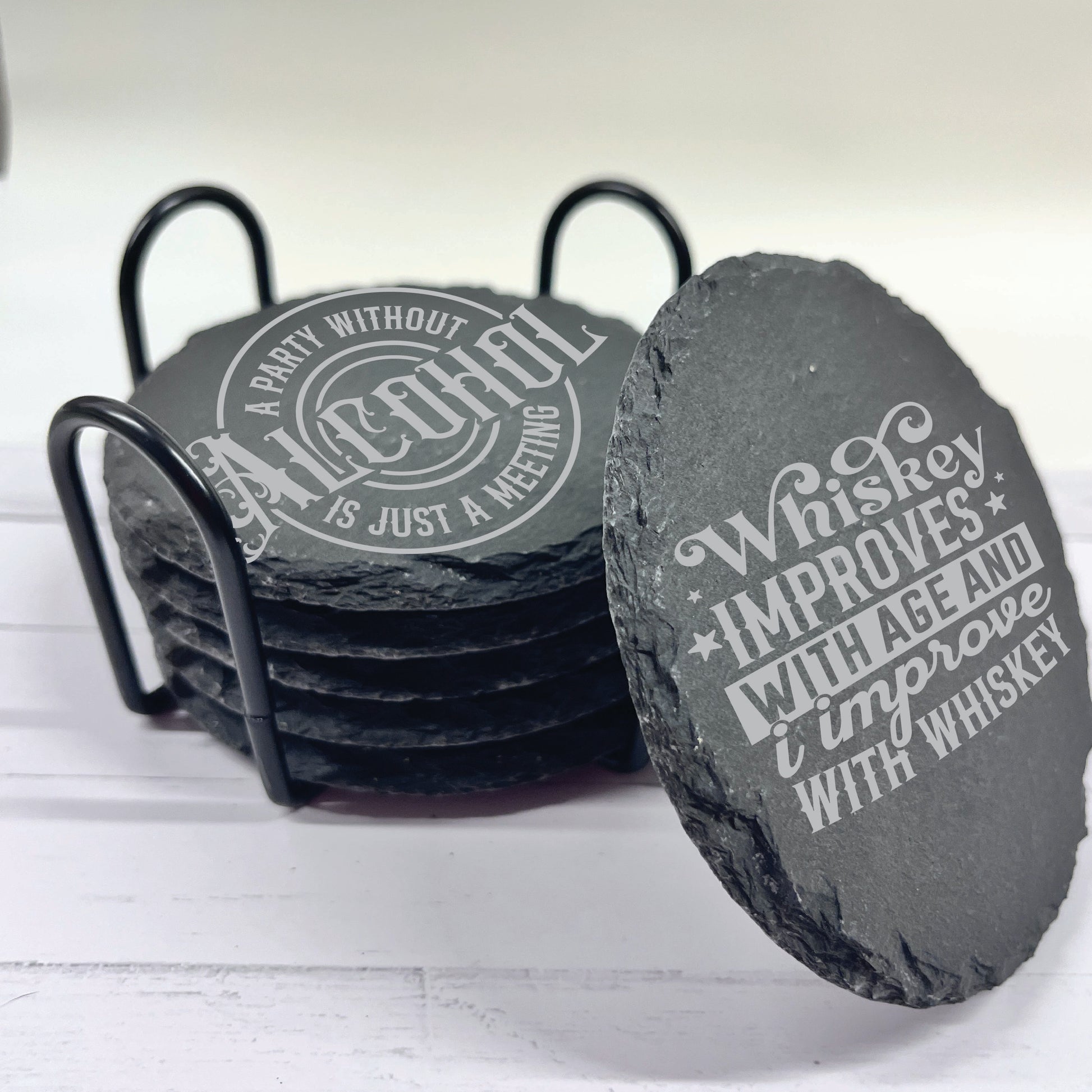 Happy Hours Alcohol Slate Stone Coasters | Set of Six Round or Square & Metal Holder | Funny Drink Sayings