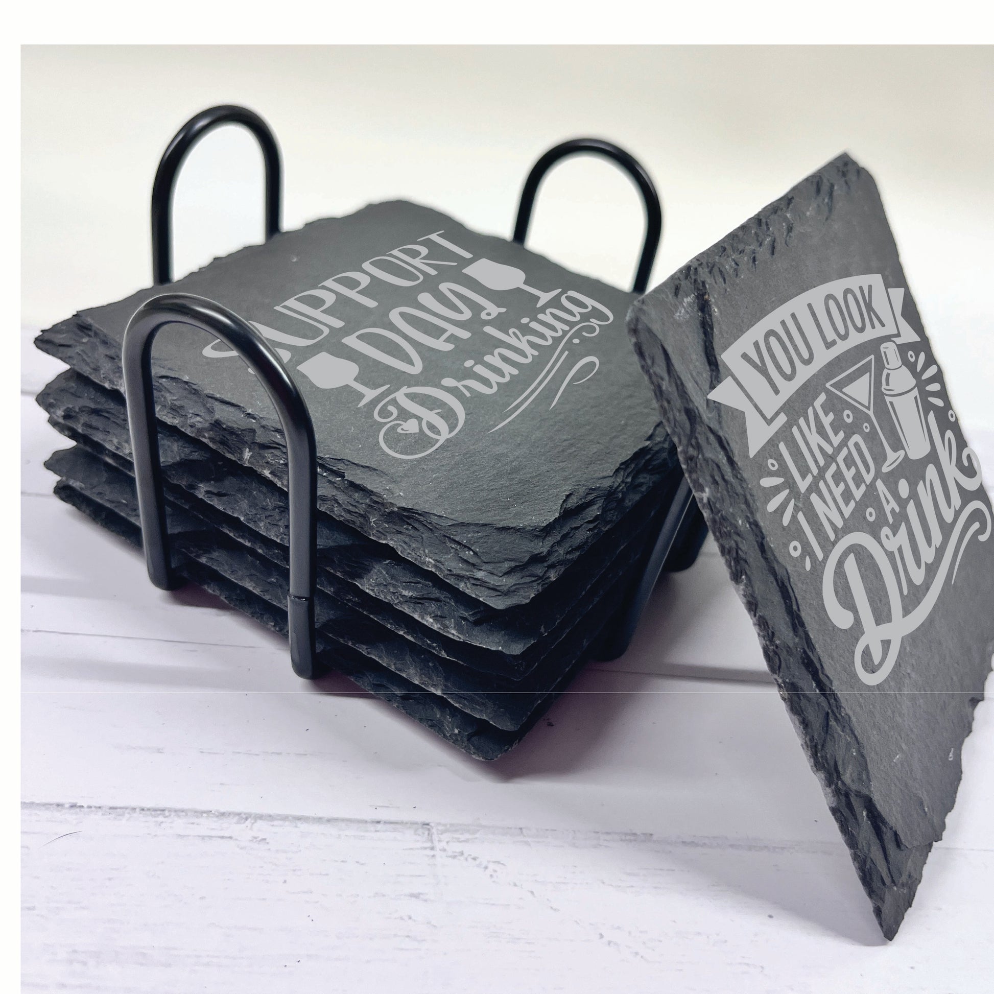 Happy Hours Alcohol Slate Stone Coasters | Set of Six Round or Square & Metal Holder | Funny Drink Sayings
