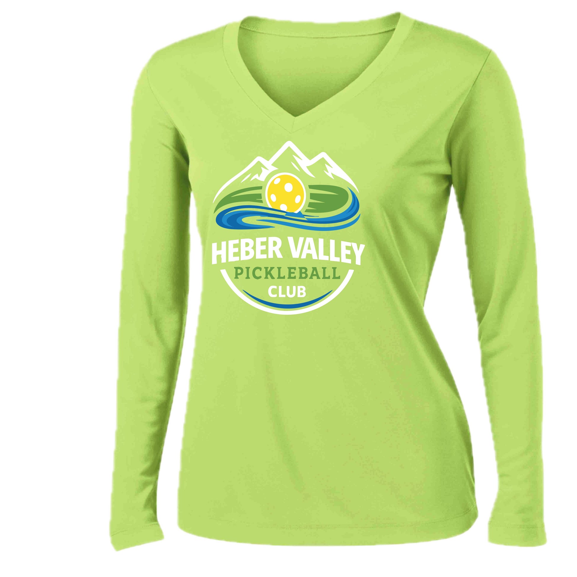 Heber Valley Pickleball Club (Customizable) | Women's Long Sleeve V-Neck Pickleball Performance T-Shirts | 100% Polyester