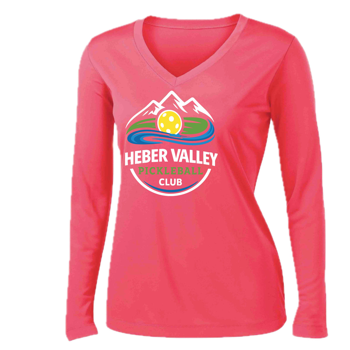 Heber Valley Pickleball Club (Customizable) | Women's Long Sleeve V-Neck Pickleball Performance T-Shirts | 100% Polyester