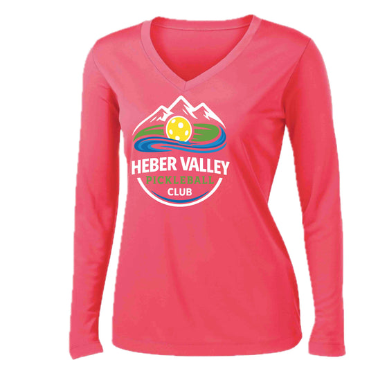 Heber Valley Pickleball Club (Customizable) | Women's Long Sleeve V-Neck Pickleball Performance T-Shirts | 100% Polyester