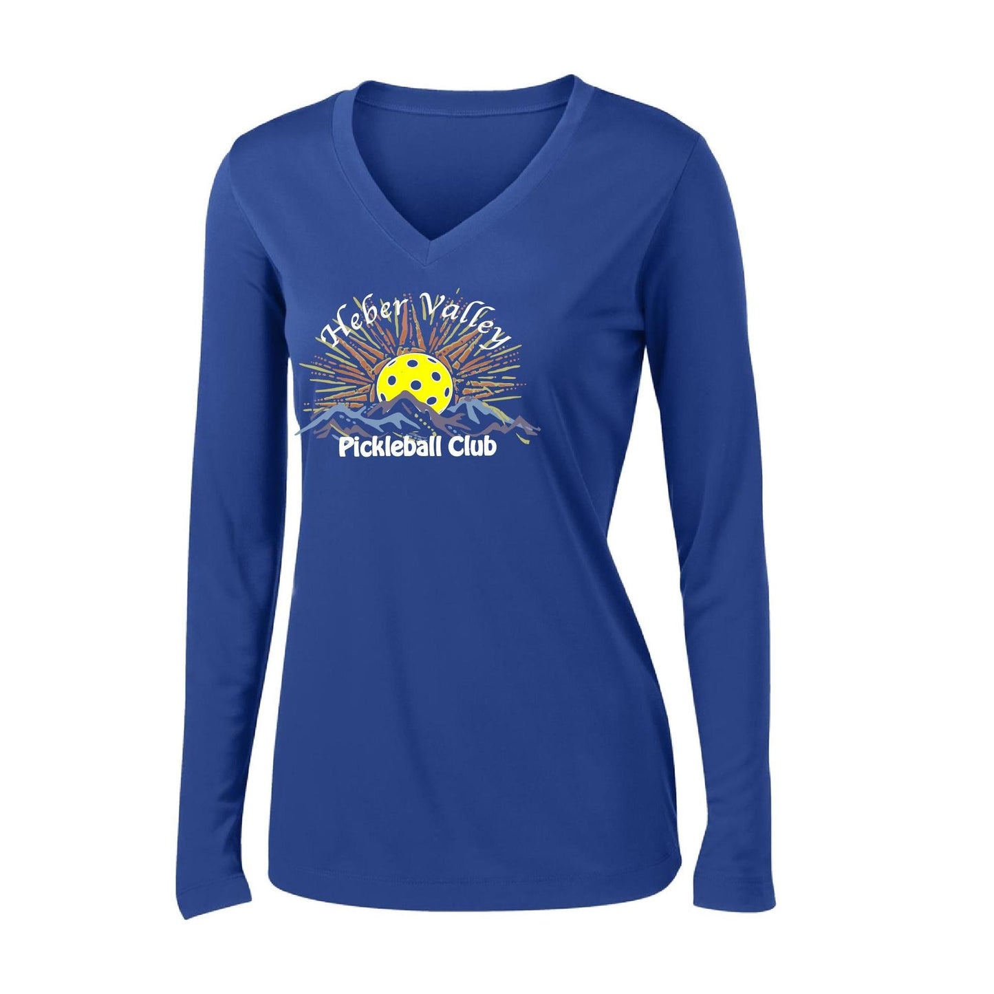 Heber Valley Pickleball Club (Legacy Design Large) | Women's Long Sleeve V-Neck Pickleball Performance T-Shirts | 100% Polyester