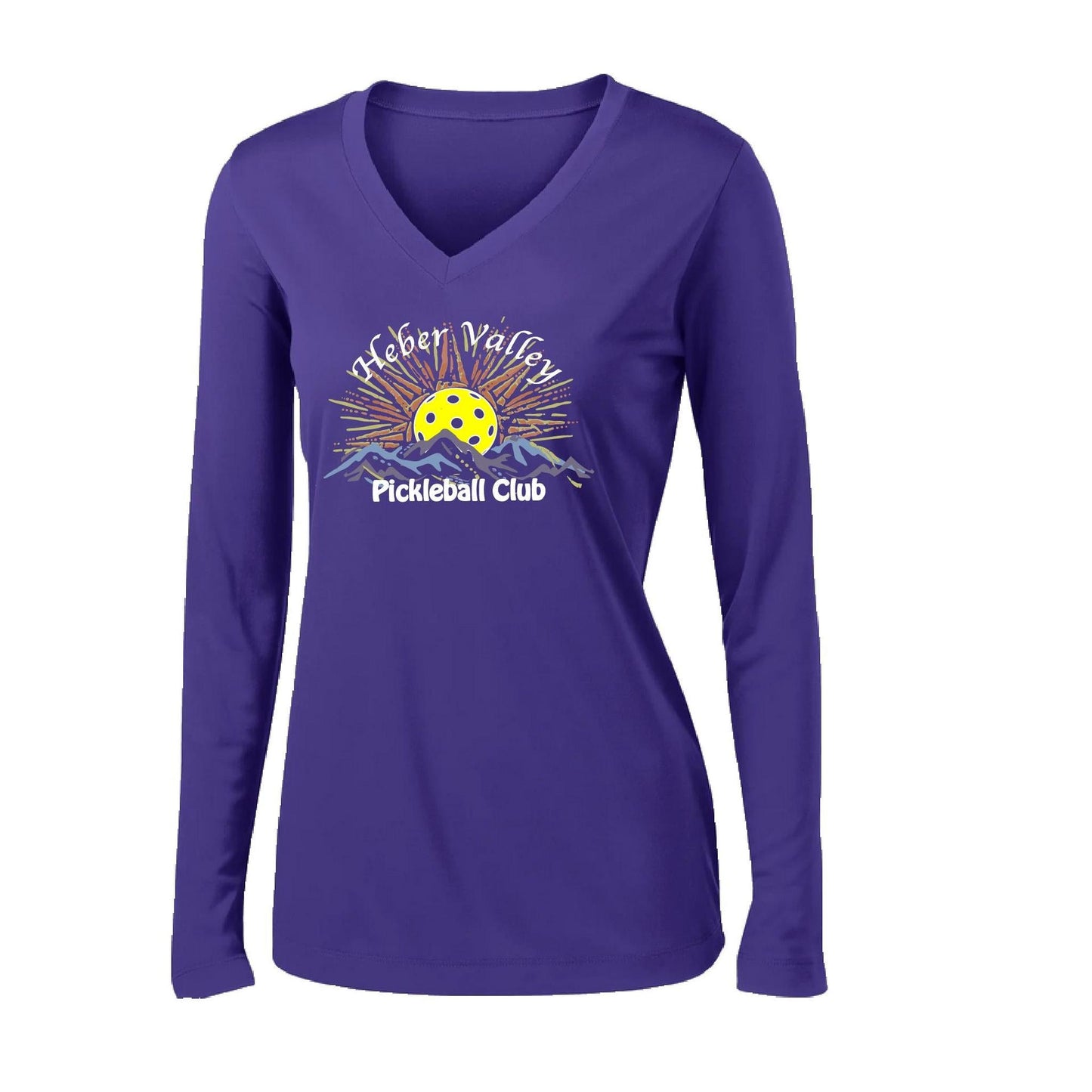 Heber Valley Pickleball Club (Legacy Design Large) | Women's Long Sleeve V-Neck Pickleball Performance T-Shirts | 100% Polyester