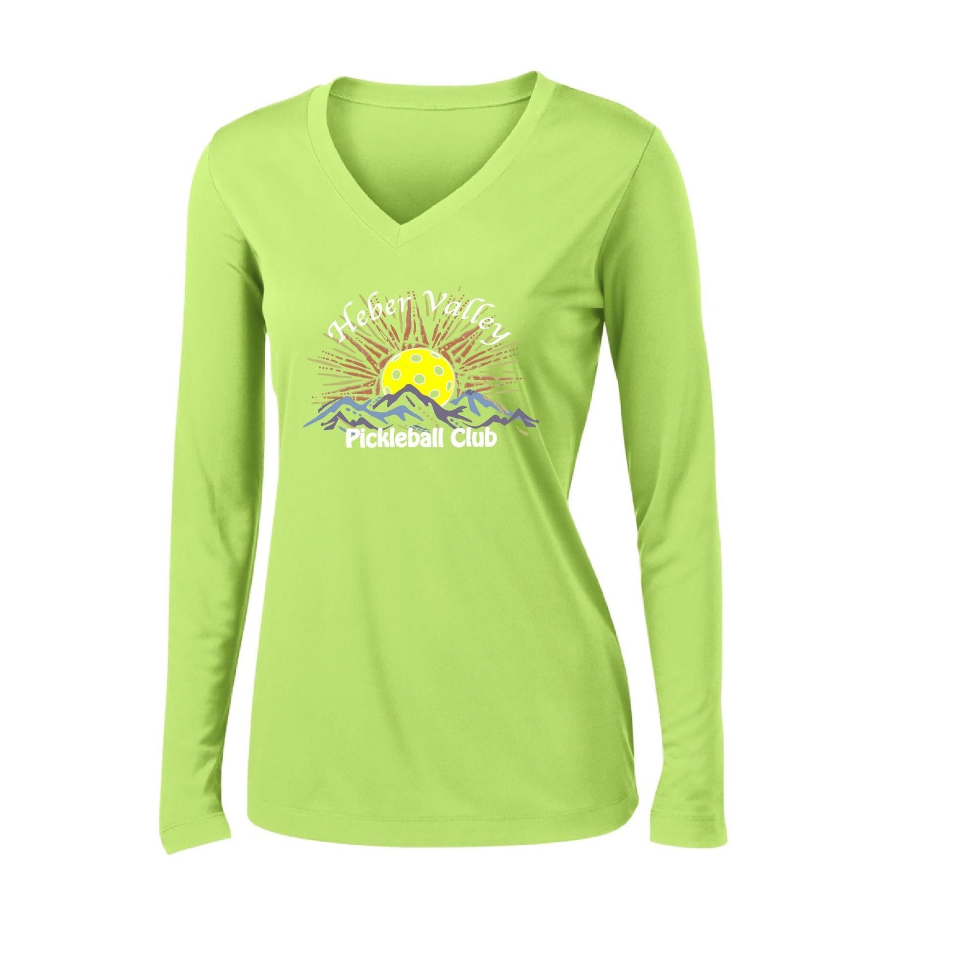 Heber Valley Pickleball Club (Legacy Design Large) | Women's Long Sleeve V-Neck Pickleball Performance T-Shirts | 100% Polyester