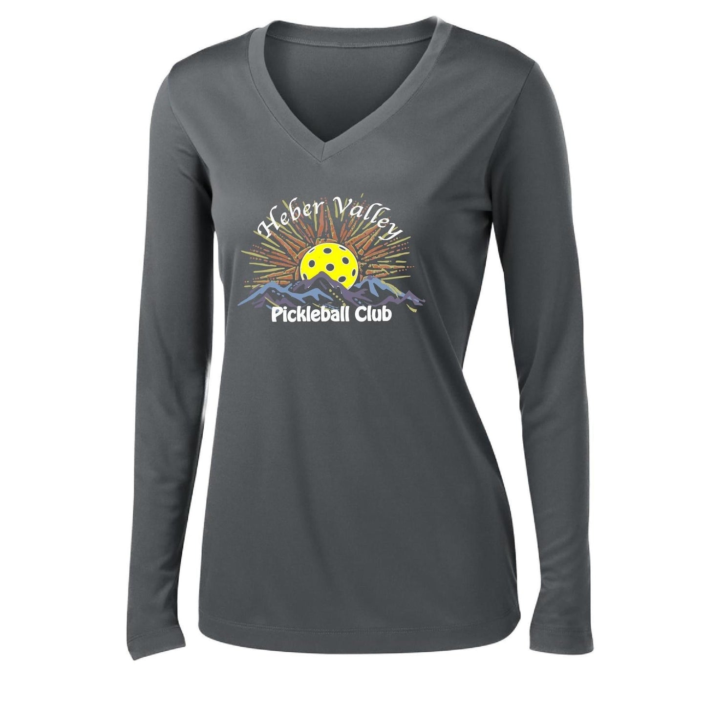 Heber Valley Pickleball Club (Legacy Design Large) | Women's Long Sleeve V-Neck Pickleball Performance T-Shirts | 100% Polyester
