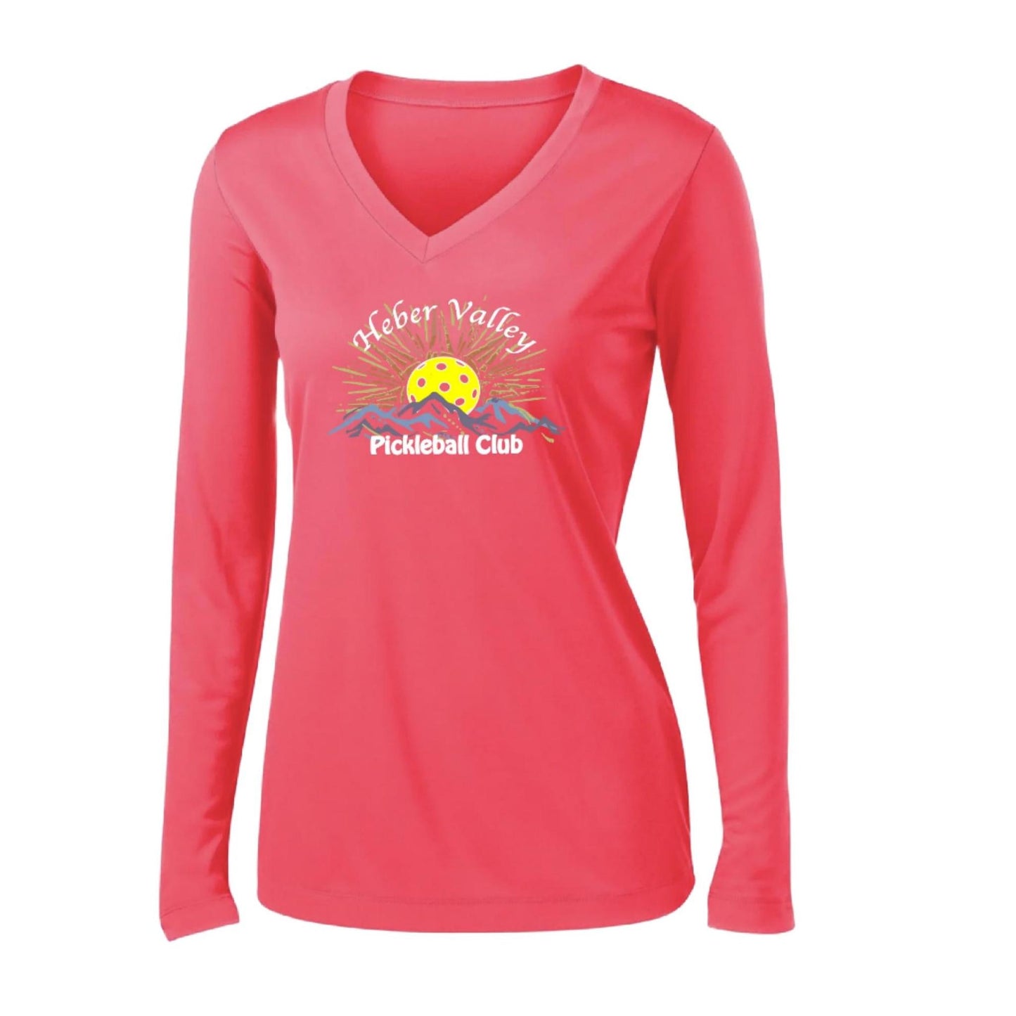 Heber Valley Pickleball Club (Legacy Design Large) | Women's Long Sleeve V-Neck Pickleball Performance T-Shirts | 100% Polyester