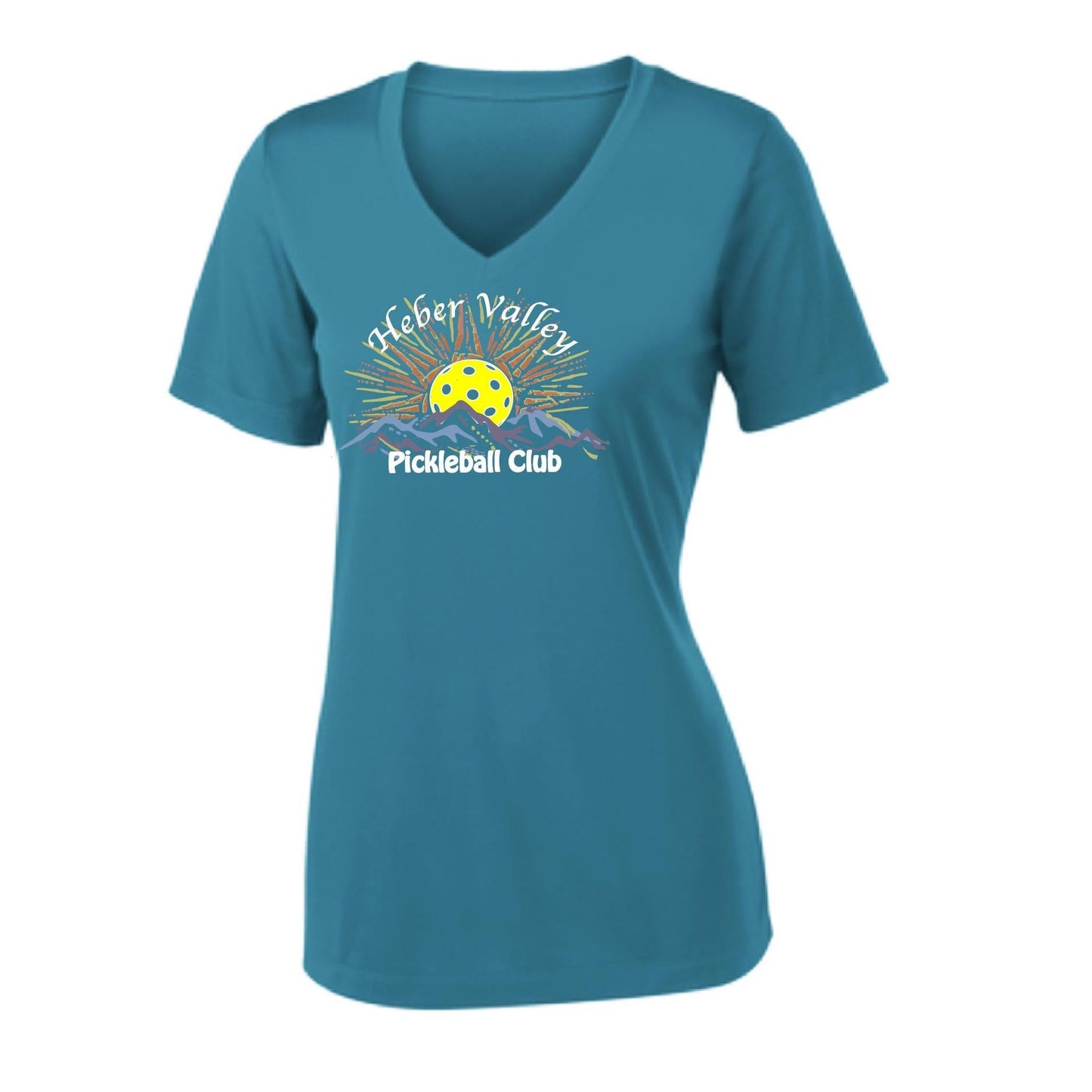 Heber Valley Pickleball Club (Legacy Design Large) | Women's Short Sleeve V-Neck Pickleball Performance T-Shirts | 100% Polyester