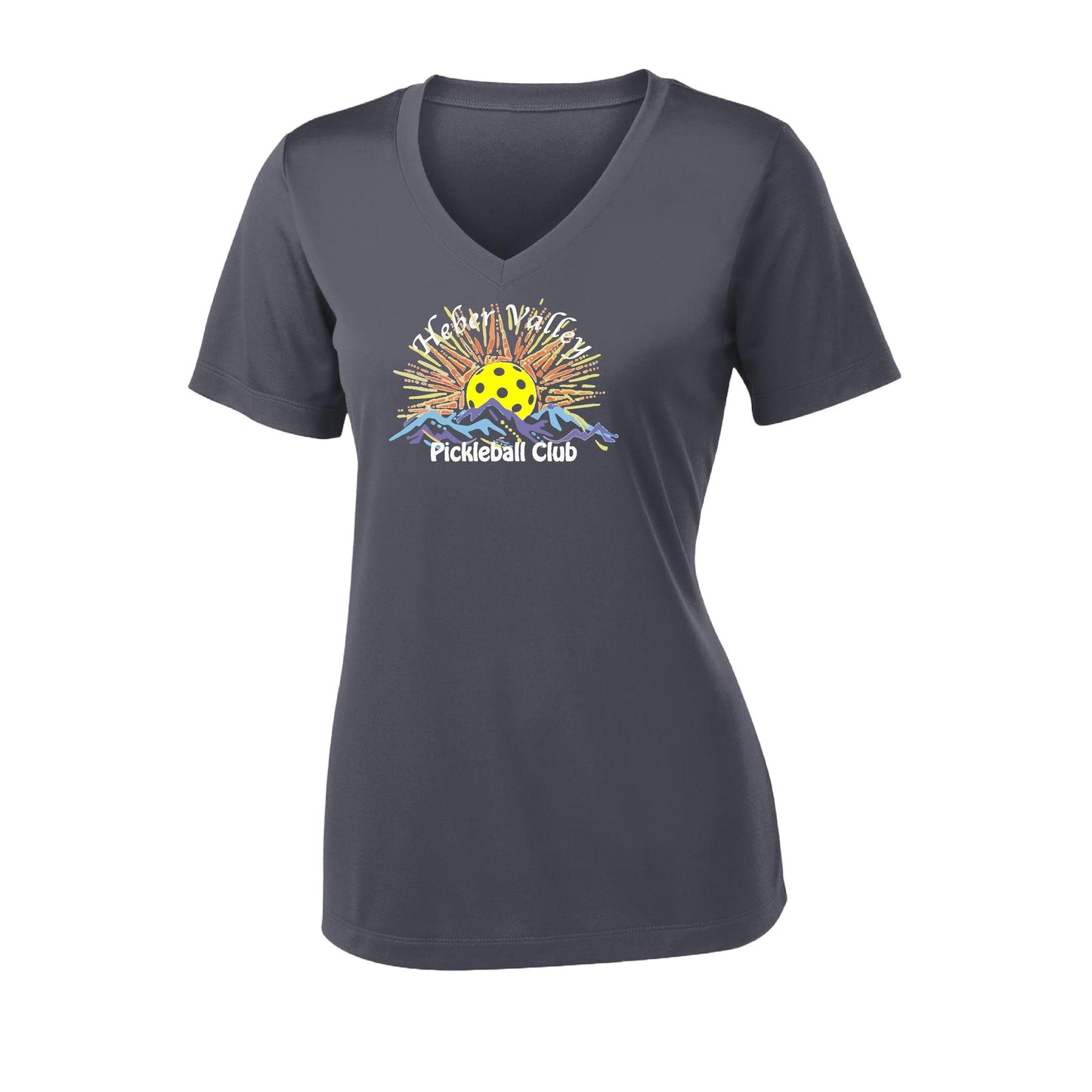 Heber Valley Pickleball Club (Legacy Design Large) | Women's Short Sleeve V-Neck Pickleball Performance T-Shirts | 100% Polyester