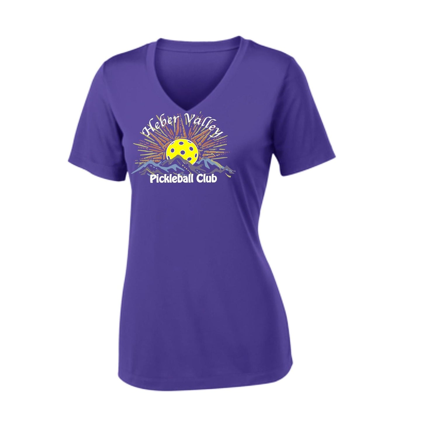 Heber Valley Pickleball Club (Legacy Design Large) | Women's Short Sleeve V-Neck Pickleball Performance T-Shirts | 100% Polyester
