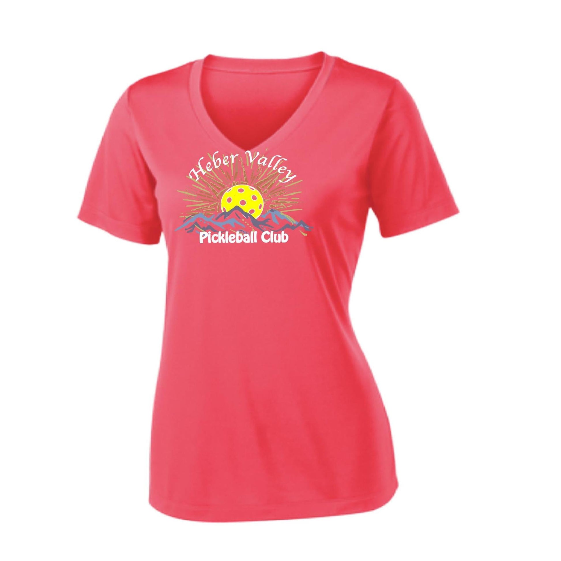 Heber Valley Pickleball Club (Legacy Design Large) | Women's Short Sleeve V-Neck Pickleball Performance T-Shirts | 100% Polyester