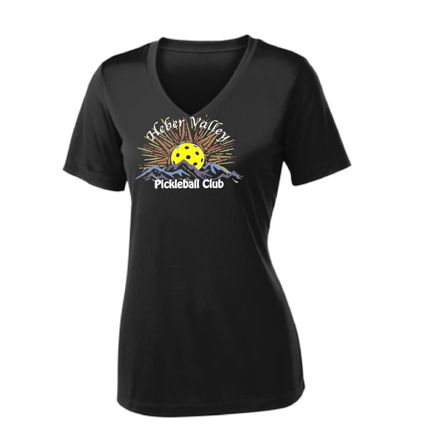 Heber Valley Pickleball Club (Legacy Design Large) | Women's Short Sleeve V-Neck Pickleball Performance T-Shirts | 100% Polyester