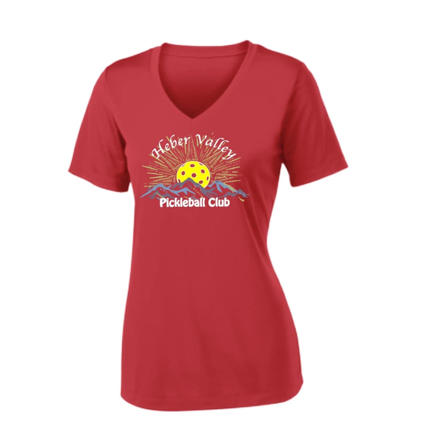 Heber Valley Pickleball Club (Legacy Design Large) | Women's Short Sleeve V-Neck Pickleball Performance T-Shirts | 100% Polyester