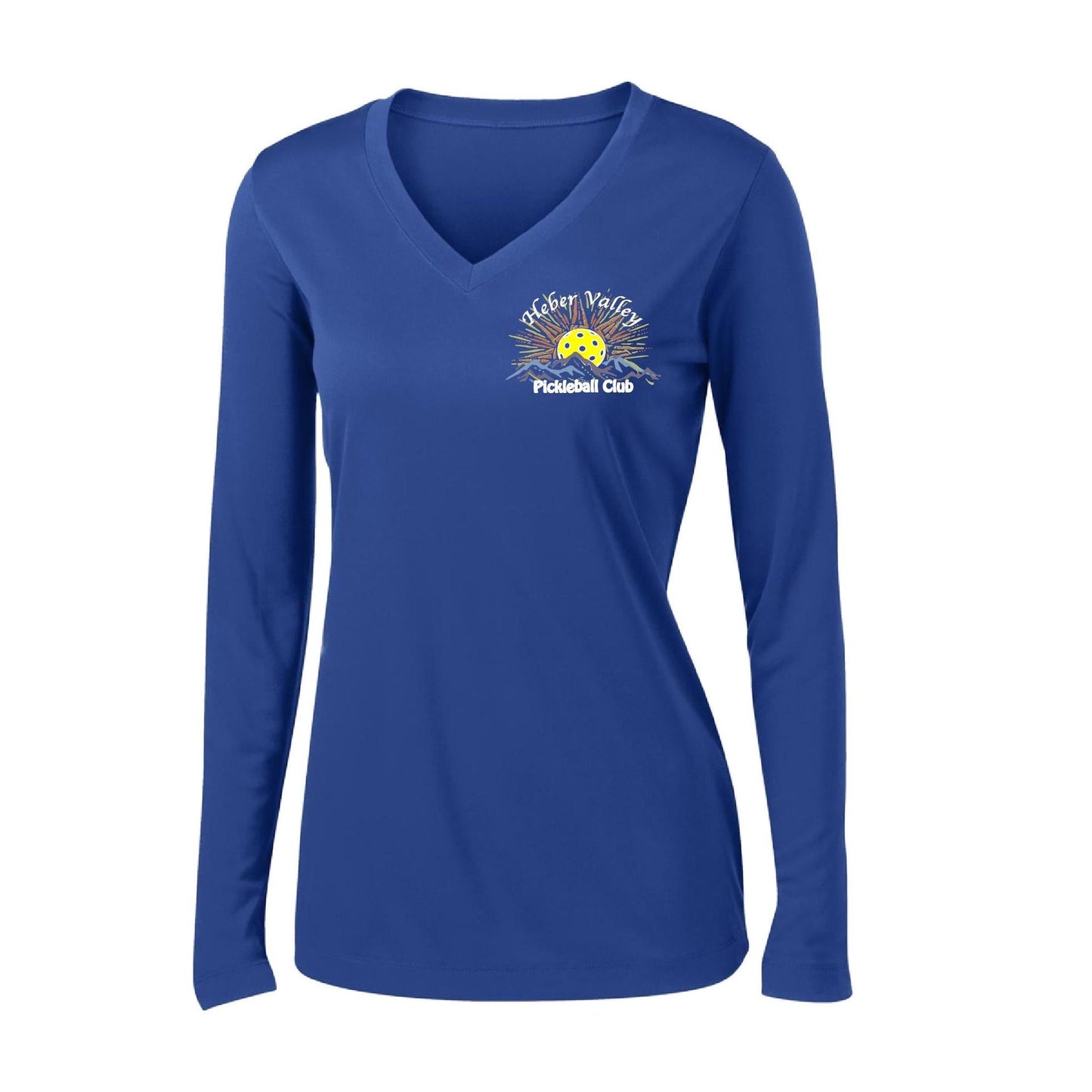 Heber Valley Pickleball Club (Legacy Design Small) | Women's Long Sleeve V-Neck Pickleball Performance T-Shirts | 100% Polyester