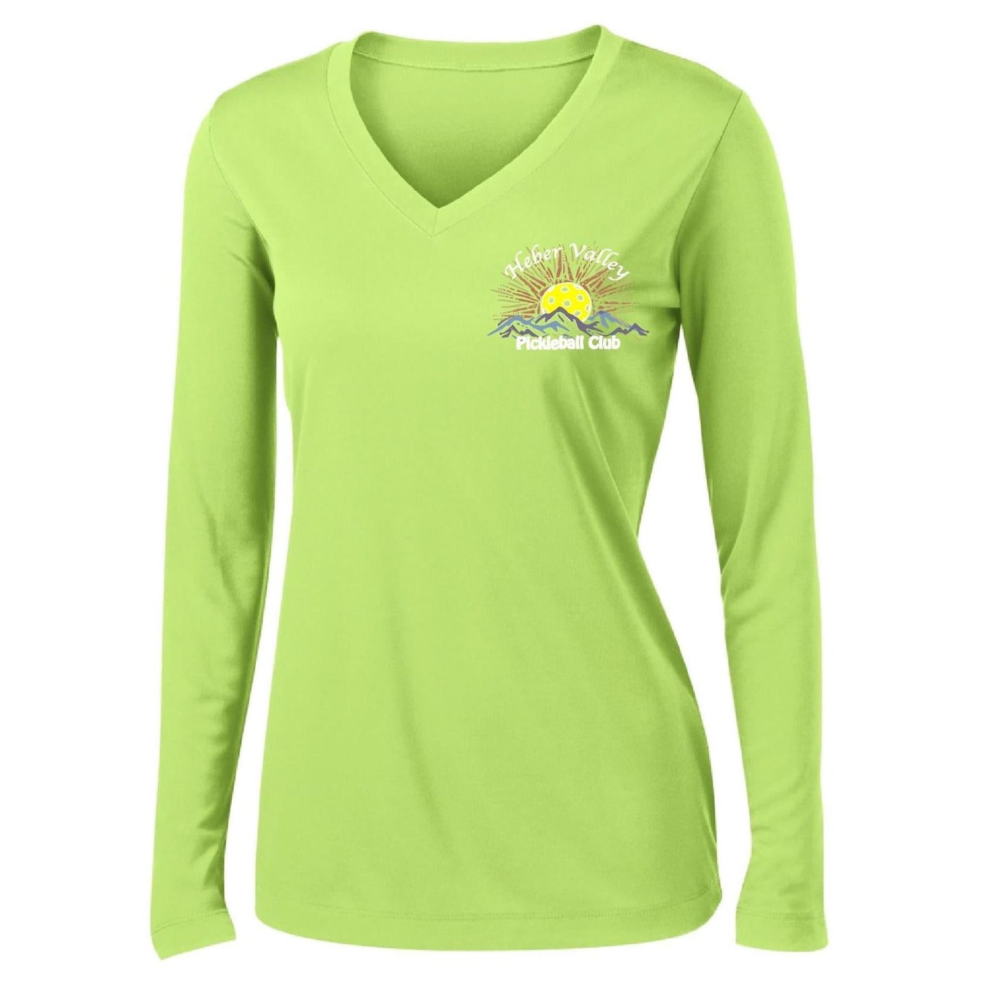 Heber Valley Pickleball Club (Legacy Design Small) | Women's Long Sleeve V-Neck Pickleball Performance T-Shirts | 100% Polyester