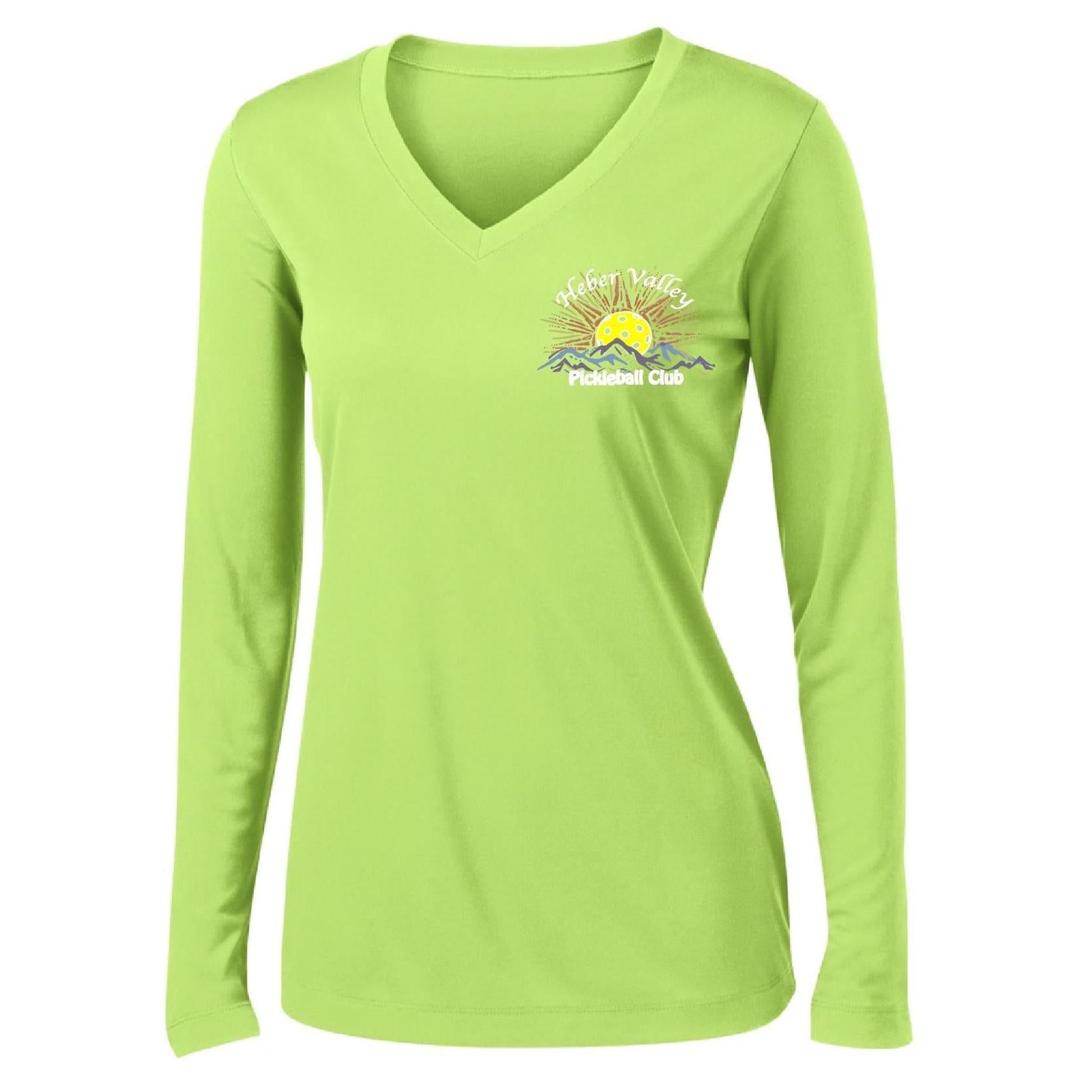 Heber Valley Pickleball Club (Legacy Design Small) | Women's Long Sleeve V-Neck Pickleball Performance T-Shirts | 100% Polyester