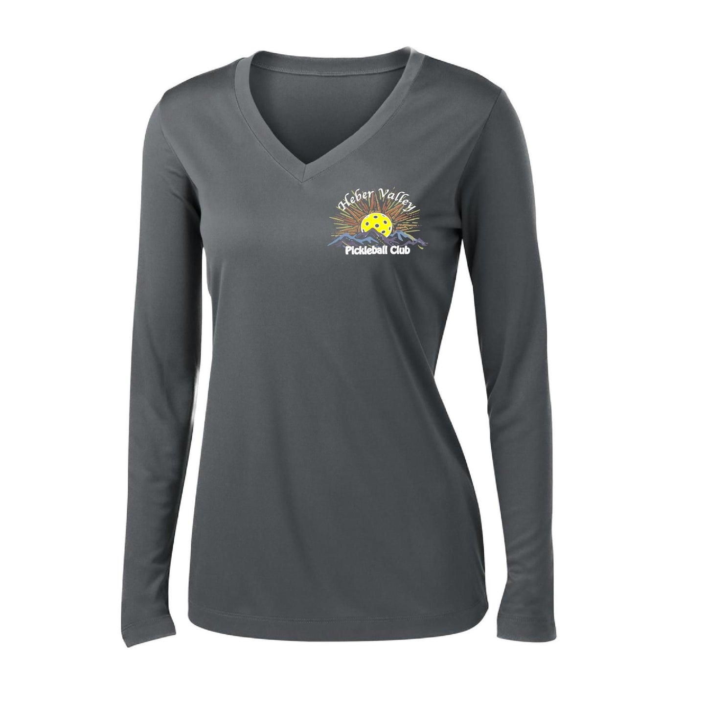 Heber Valley Pickleball Club (Legacy Design Small) | Women's Long Sleeve V-Neck Pickleball Performance T-Shirts | 100% Polyester