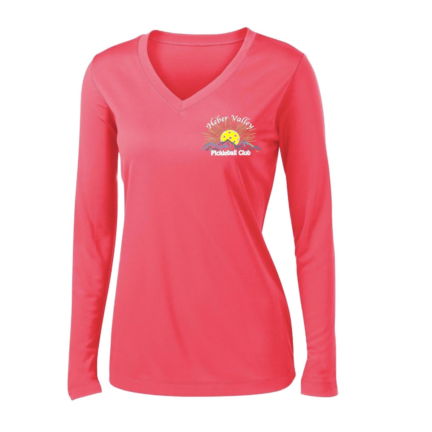 Heber Valley Pickleball Club (Legacy Design Small) | Women's Long Sleeve V-Neck Pickleball Performance T-Shirts | 100% Polyester