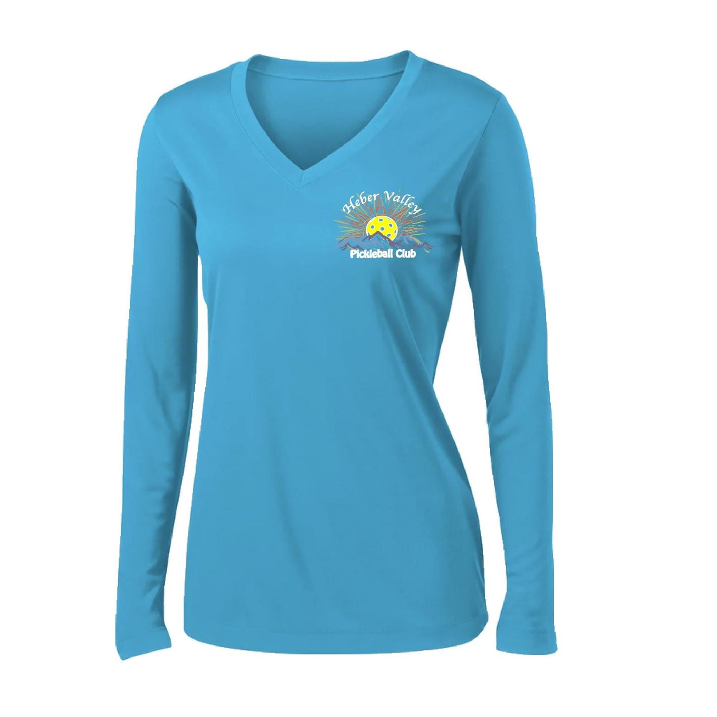 Heber Valley Pickleball Club (Legacy Design Small) | Women's Long Sleeve V-Neck Pickleball Performance T-Shirts | 100% Polyester