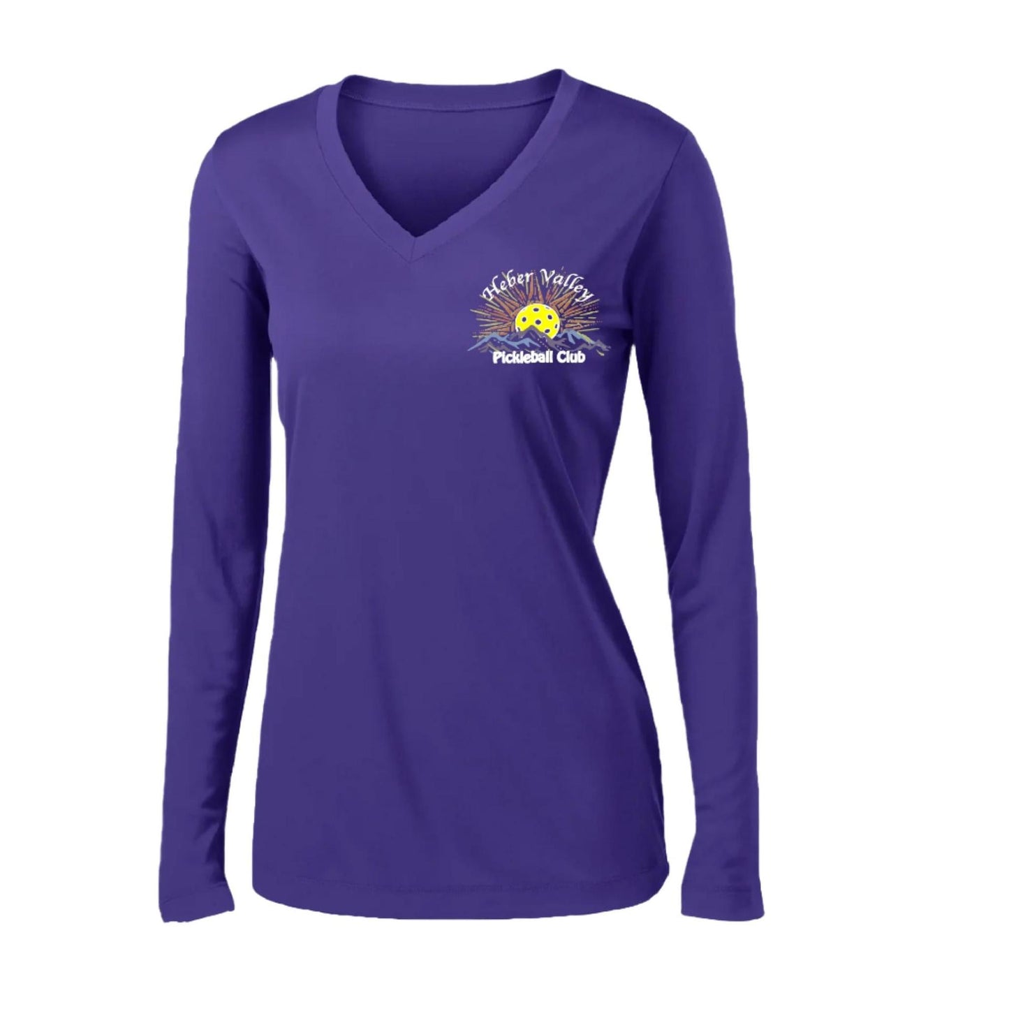 Heber Valley Pickleball Club (Legacy Design Small) | Women's Long Sleeve V-Neck Pickleball Performance T-Shirts | 100% Polyester