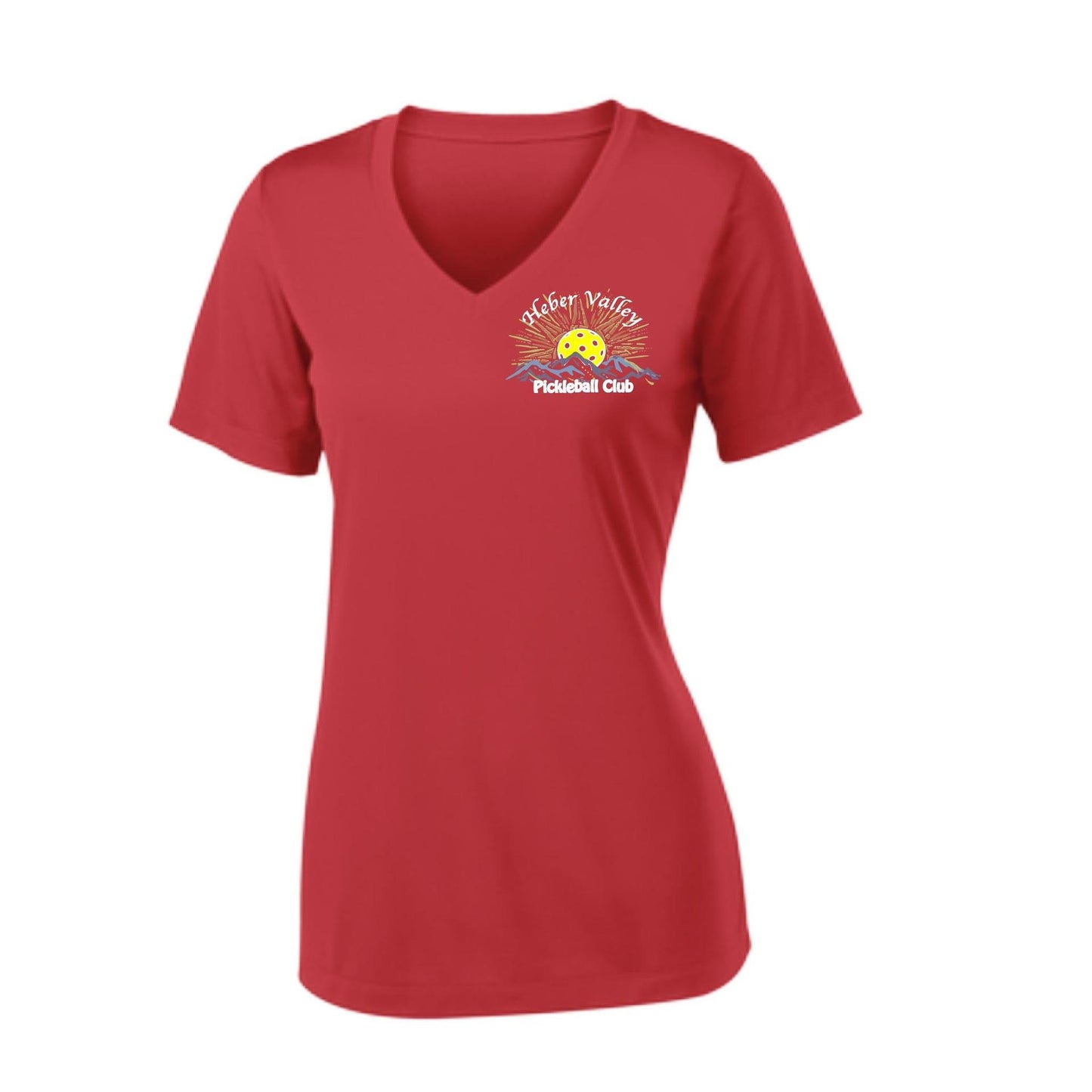 Heber Valley Pickleball Club (Legacy Design Small) | Women's Short Sleeve V-Neck Pickleball Performance T-Shirts | 100% Polyester