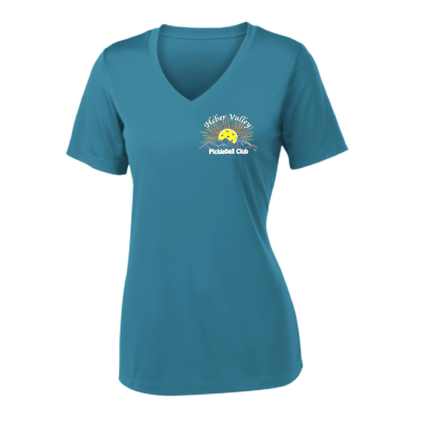 Heber Valley Pickleball Club (Legacy Design Small) | Women's Short Sleeve V-Neck Pickleball Performance T-Shirts | 100% Polyester