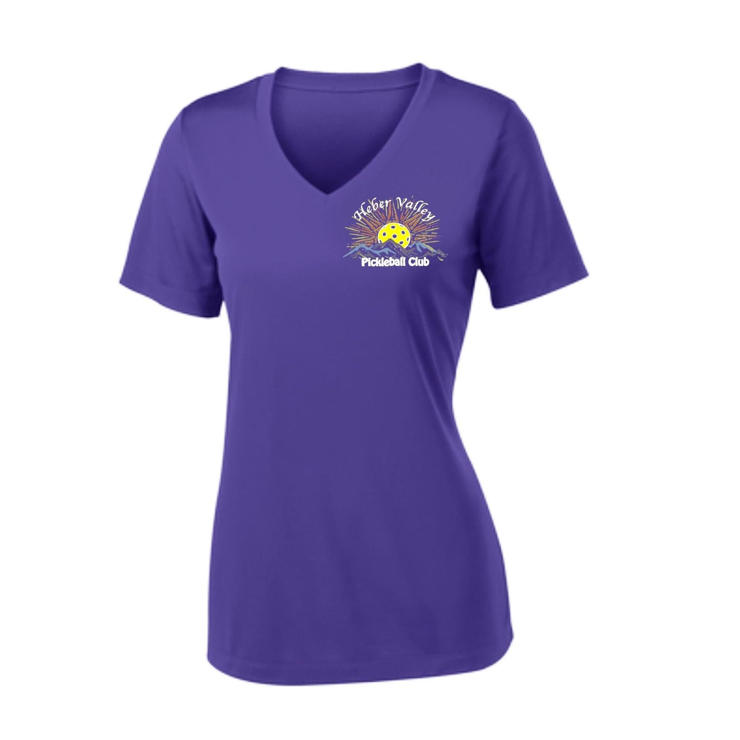 Heber Valley Pickleball Club (Legacy Design Small) | Women's Short Sleeve V-Neck Pickleball Performance T-Shirts | 100% Polyester