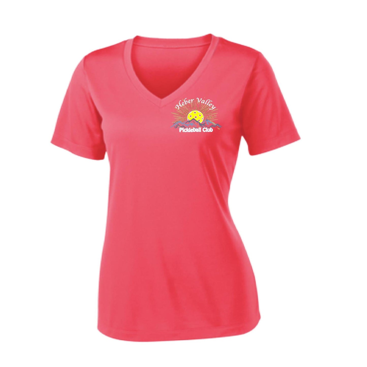 Heber Valley Pickleball Club (Legacy Design Small) | Women's Short Sleeve V-Neck Pickleball Performance T-Shirts | 100% Polyester
