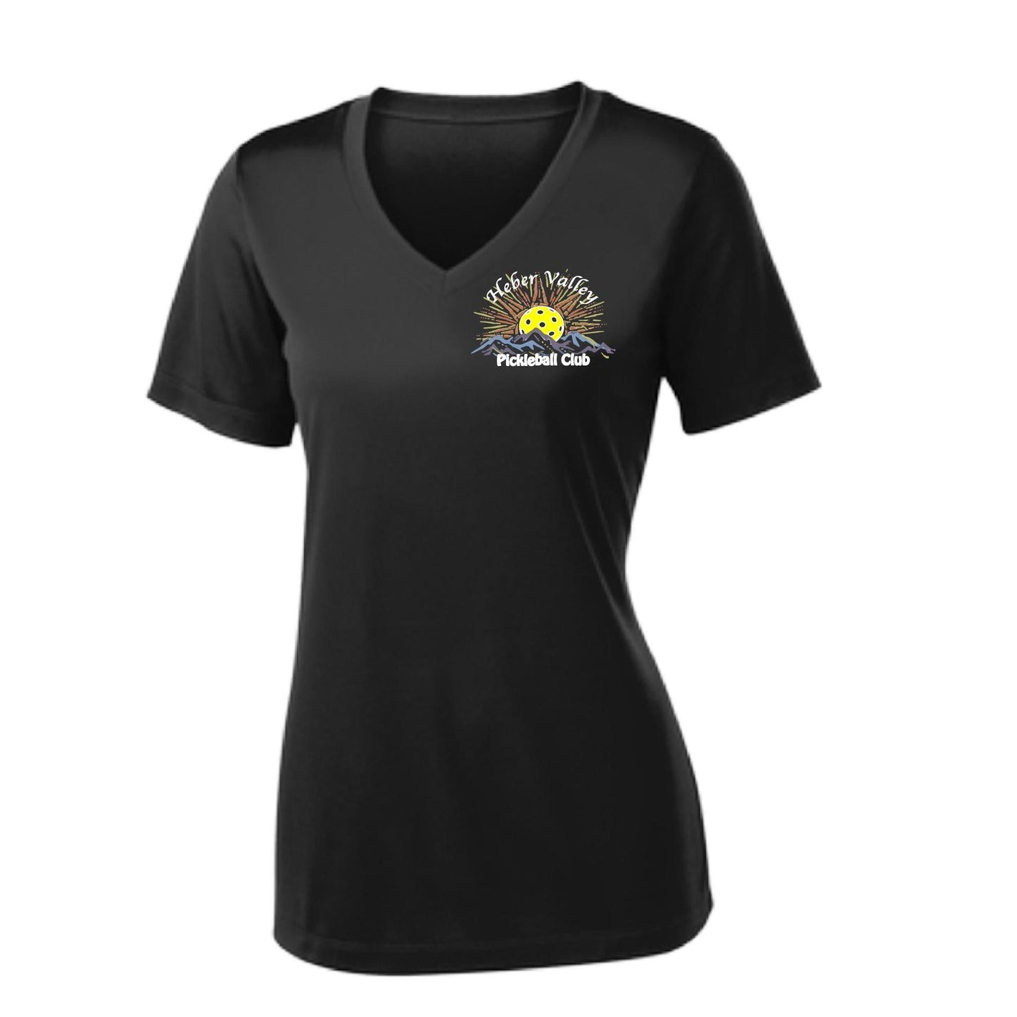 Heber Valley Pickleball Club (Legacy Design Small) | Women's Short Sleeve V-Neck Pickleball Performance T-Shirts | 100% Polyester