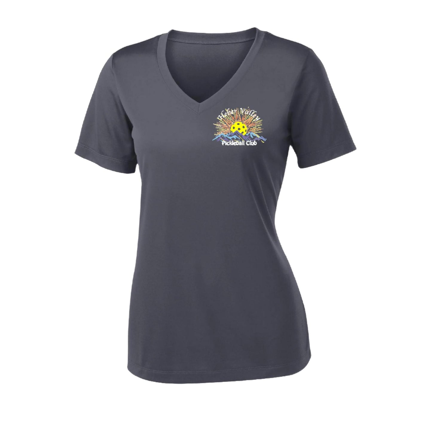 Heber Valley Pickleball Club (Legacy Design Small) | Women's Short Sleeve V-Neck Pickleball Performance T-Shirts | 100% Polyester