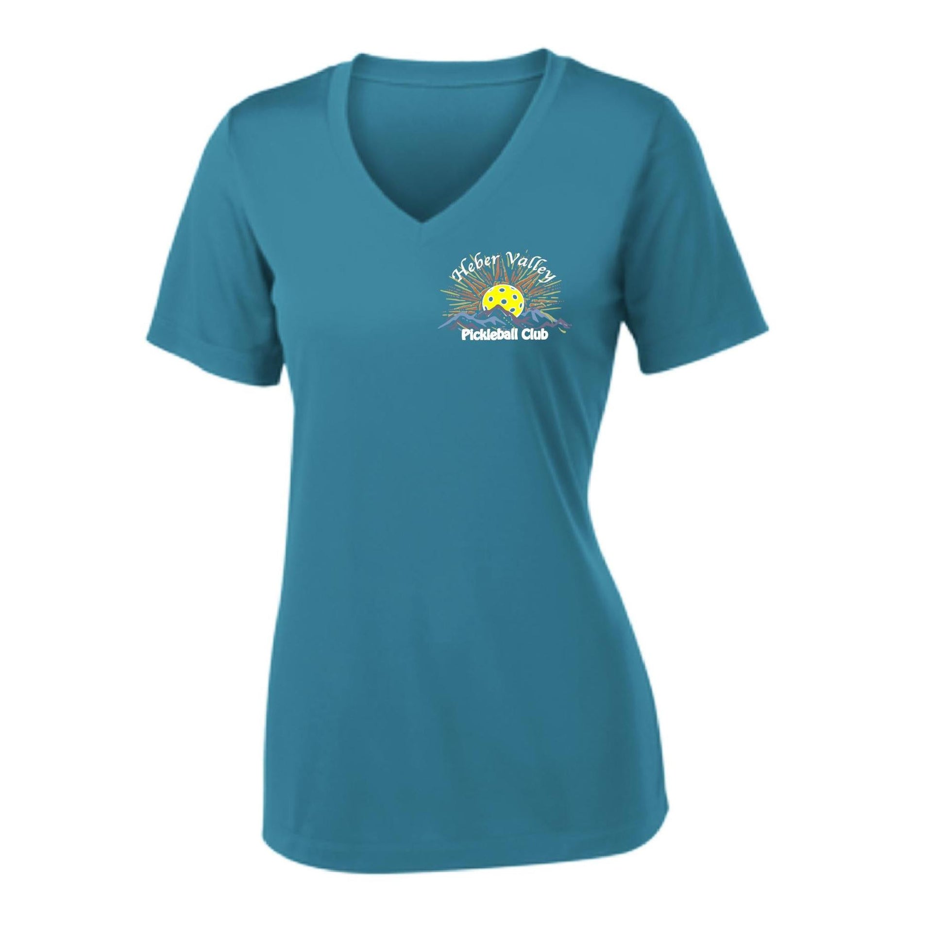 Heber Valley Pickleball Club (Small) | Women's Short Sleeve V-Neck Pickleball Performance T-Shirts | 100% Polyester