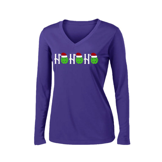 Ho Ho Ho | Women’s Long Sleeve V-Neck Performance T-Shirt | 100% Polyester