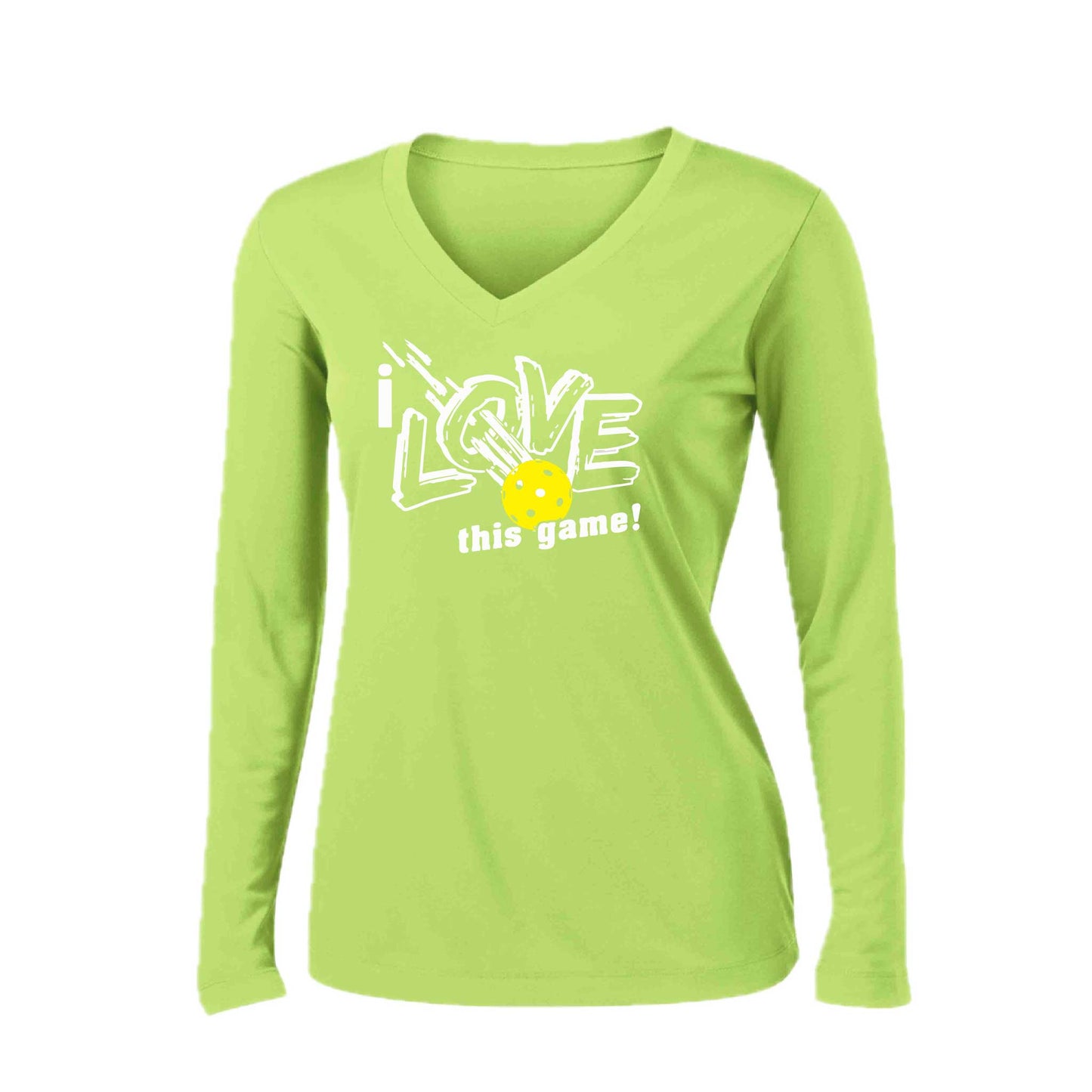 I Love This Game | Women’s Long Sleeve V-Neck Pickleball Performance T-Shirt | 100% Polyester