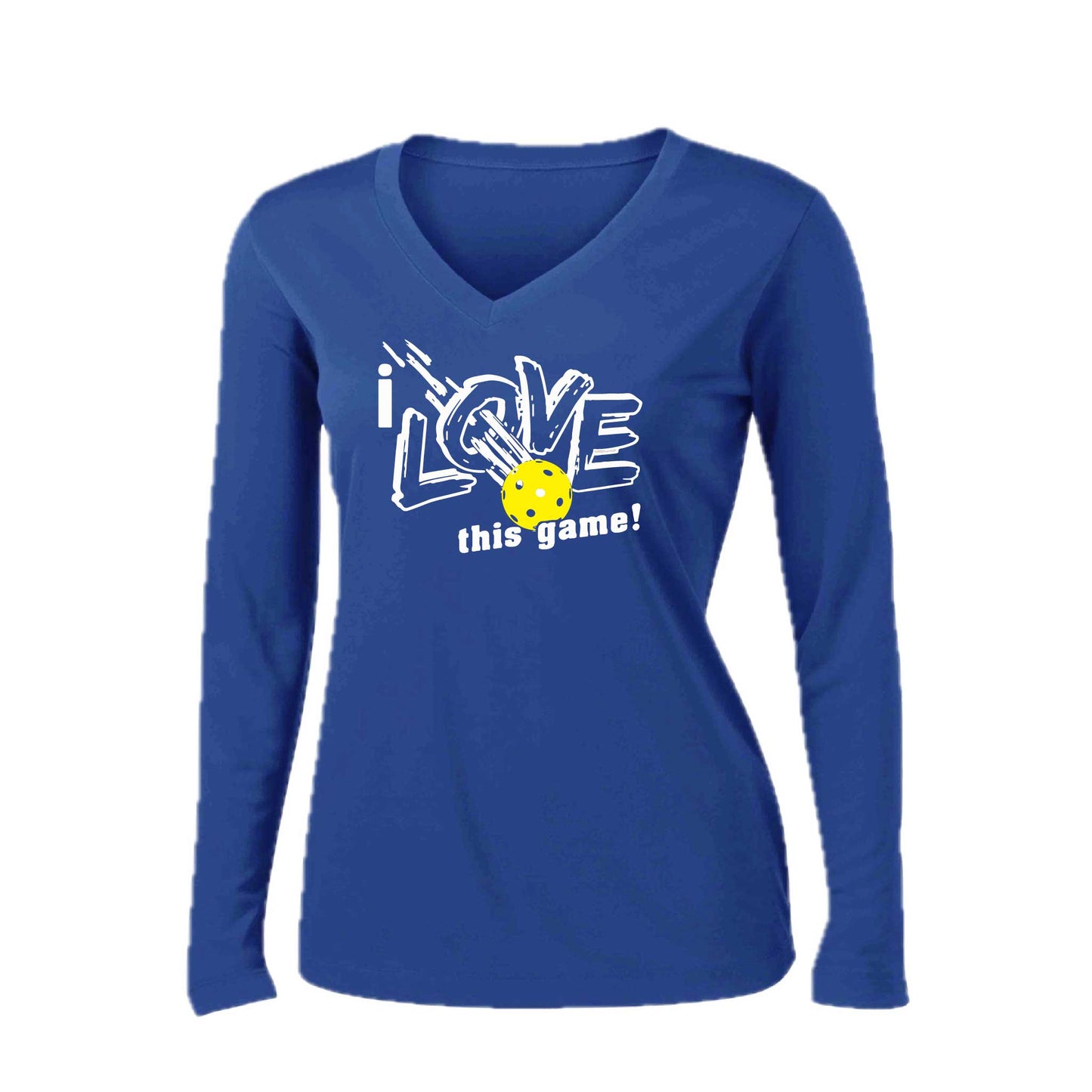 I Love This Game | Women’s Long Sleeve V-Neck Pickleball Performance T-Shirt | 100% Polyester