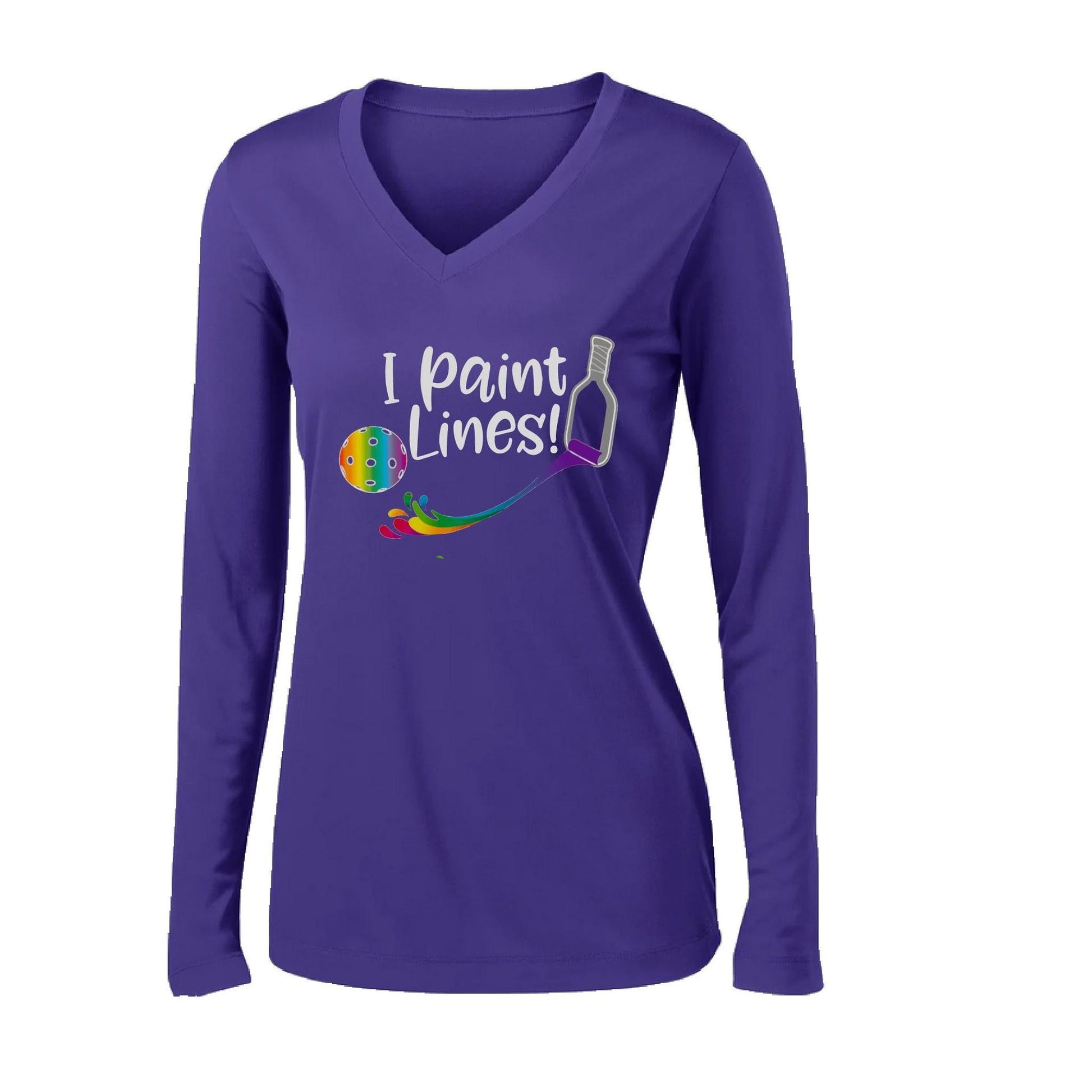 I Paint Pickleball Lines | Women's Long Sleeve V-Neck Pickleball Performance T-Shirts | 100% Polyester