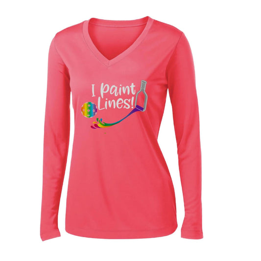 I Paint Pickleball Lines | Women's Long Sleeve V-Neck Pickleball Performance T-Shirts | 100% Polyester