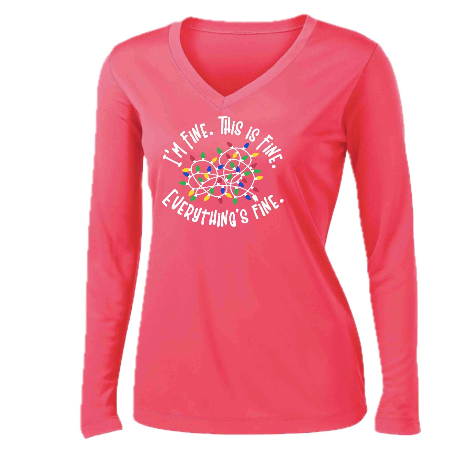 I'm Fine This is Fine Christmas | Women’s Long Sleeve V-Neck Performance T-Shirt | 100% Polyester