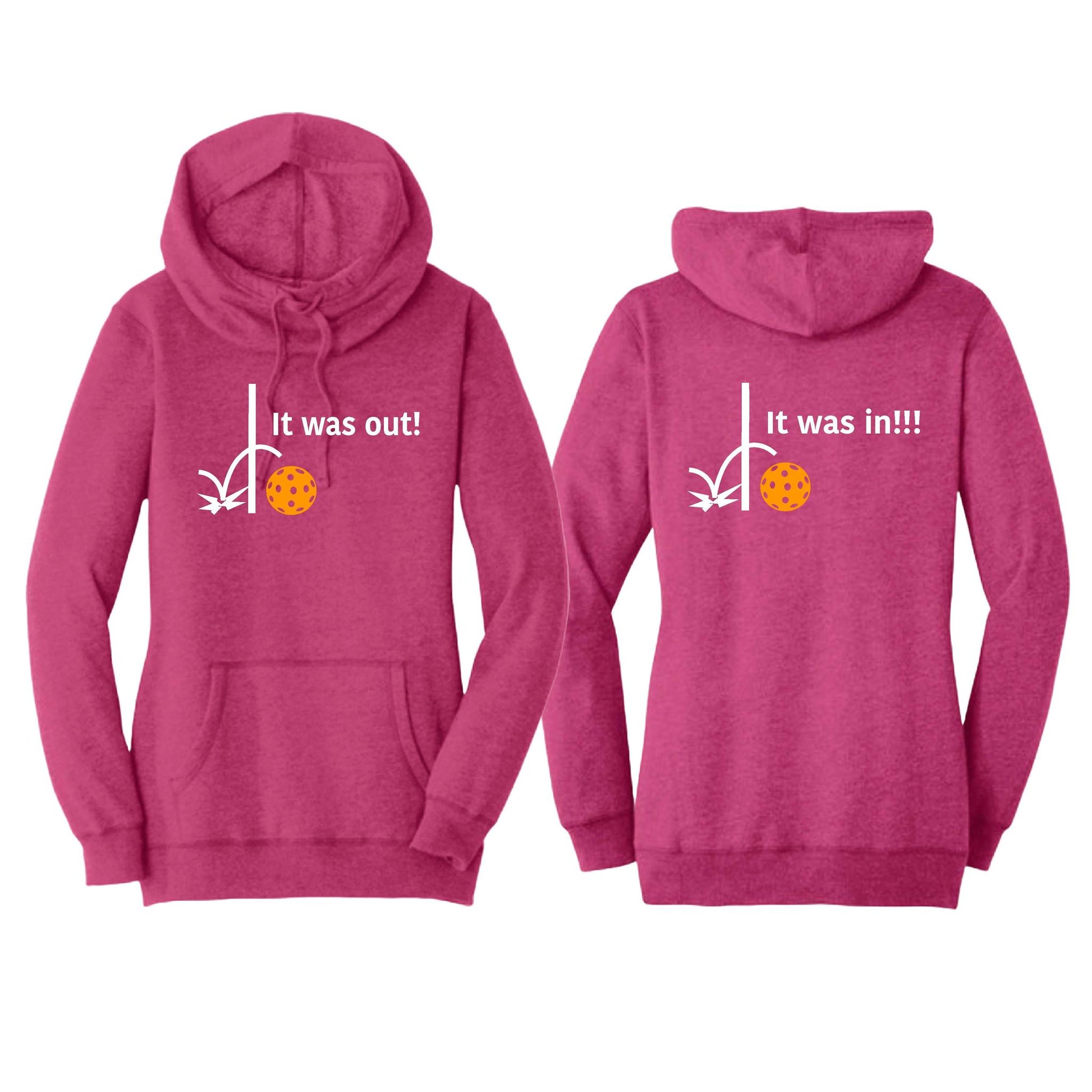 It Was In!!! It Was Out!!! (Pickleballs Cyan Green Orange) | Women’s Cowl-Neck Hoodie Pickleball Sweatshirt | 55% Cotton 45% Poly Fleece