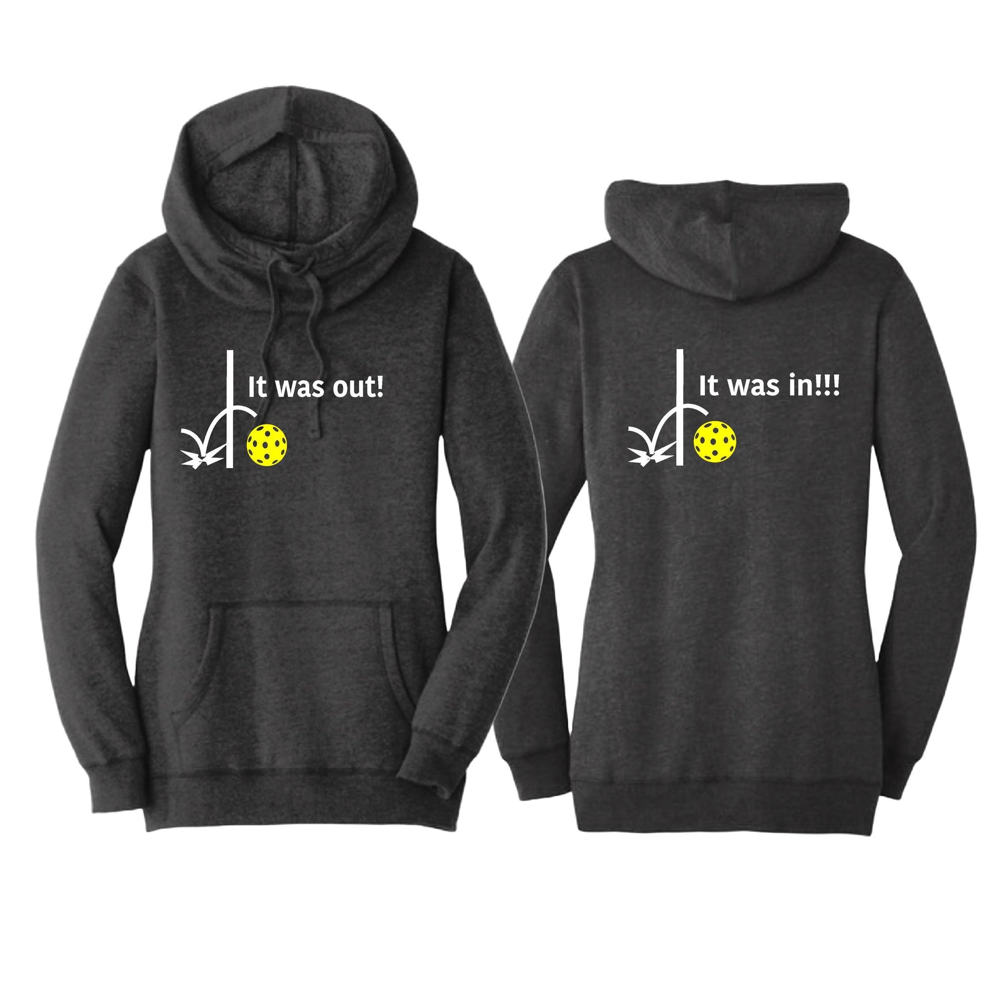 It Was In!!! It Was Out!!! (Pickleballs Red White Yellow) | Women’s Cowl-Neck Hoodie Pickleball Sweatshirt | 55% Cotton 45% Poly Fleece