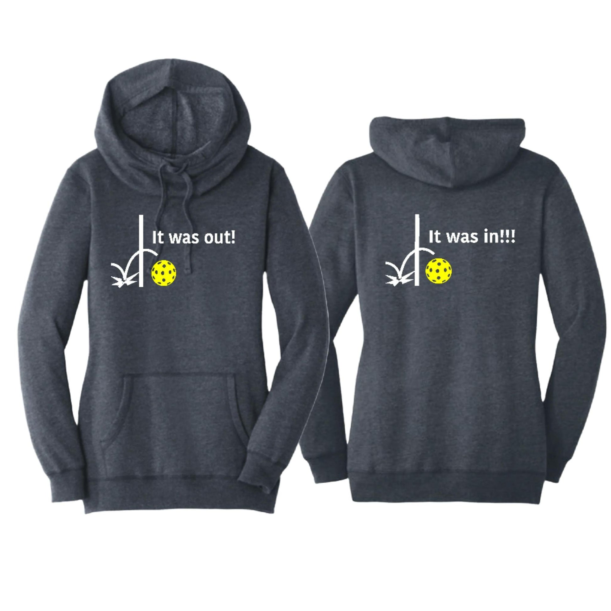 It Was In!!! It Was Out!!! (Pickleballs Red White Yellow) | Women’s Cowl-Neck Hoodie Pickleball Sweatshirt | 55% Cotton 45% Poly Fleece