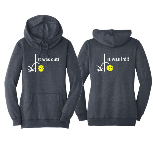 It Was In!!! It Was Out!!! (Pickleballs Red White Yellow) | Women’s Cowl-Neck Hoodie Pickleball Sweatshirt | 55% Cotton 45% Poly Fleece