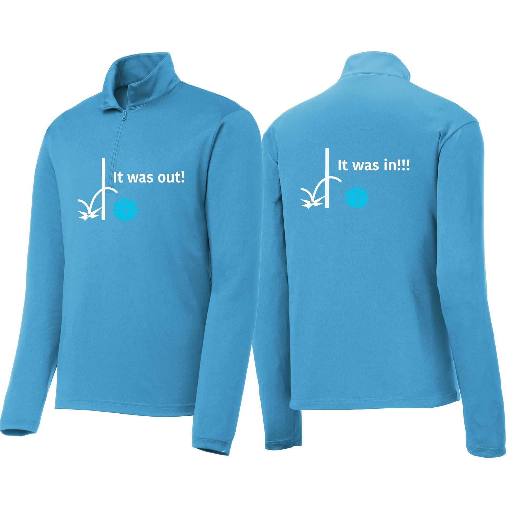 It Was Out! It Was In! (Pickleballs Cyan Green Orange) | Men's 1/4 Zip Long Sleeve Pullover Athletic Performance Shirt | 100% Polyester