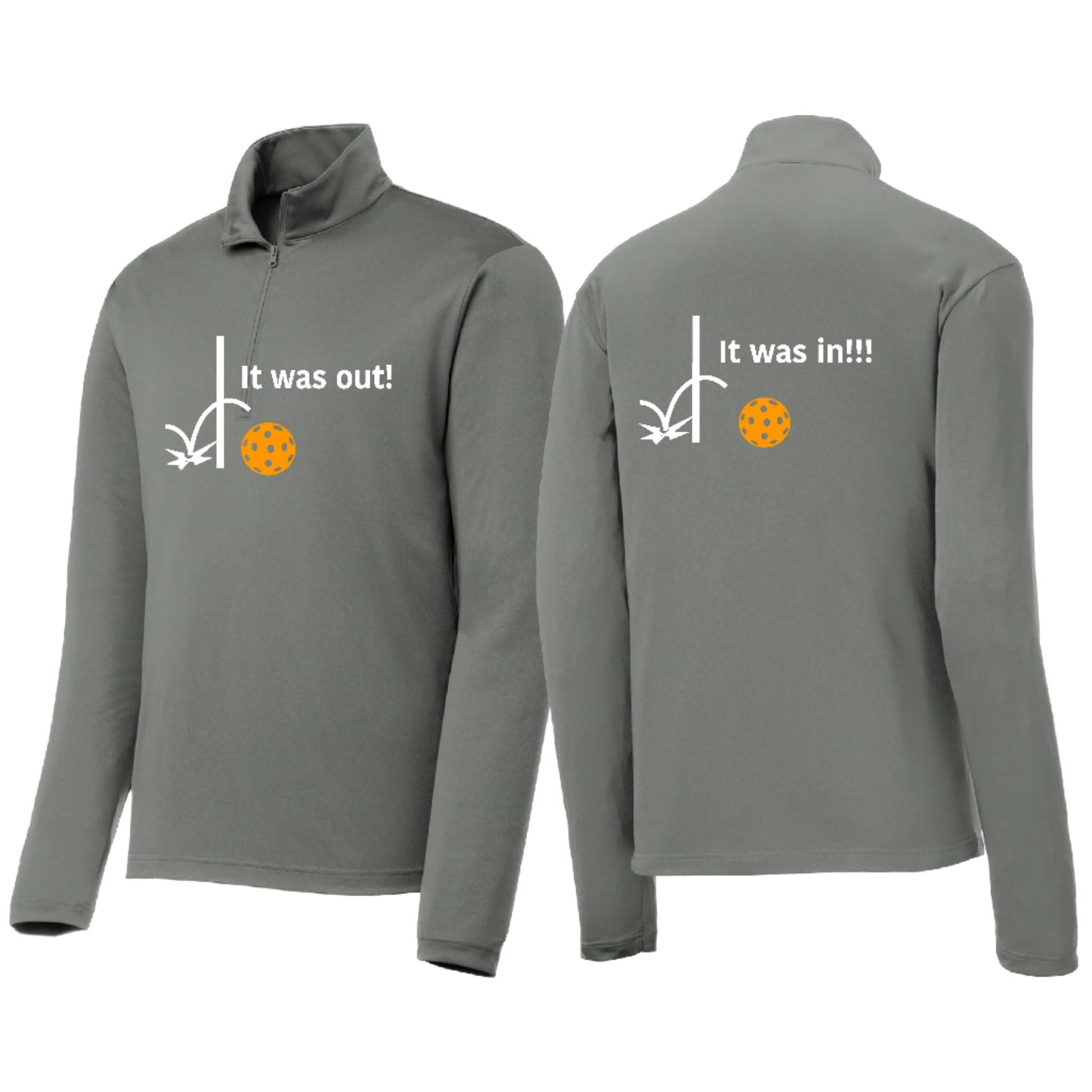 It Was Out! It Was In! (Pickleballs Cyan Green Orange) | Men's 1/4 Zip Long Sleeve Pullover Athletic Performance Shirt | 100% Polyester
