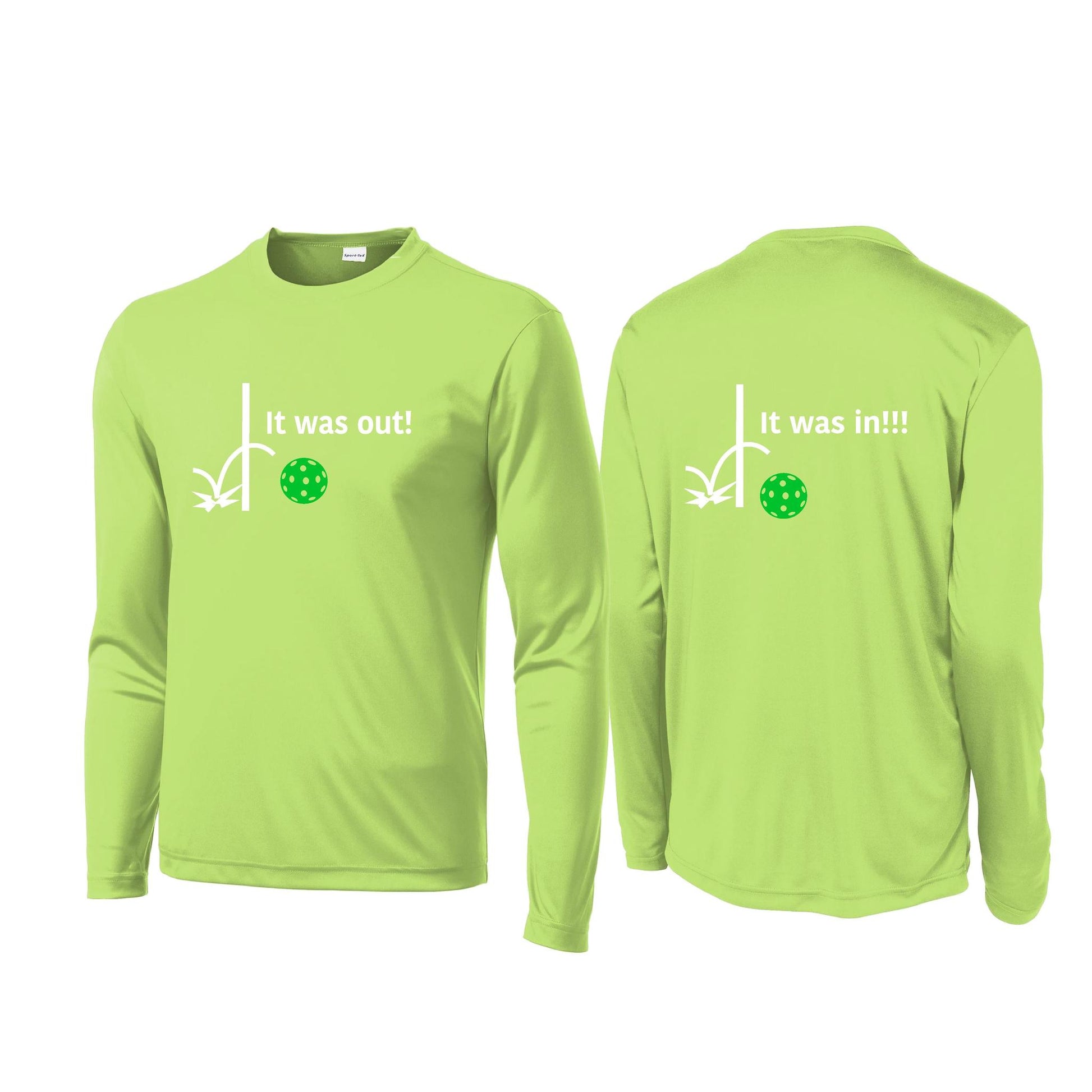 It Was Out! It Was In! (Pickleballs Cyan Green Orange) | Men's Long Sleeve Performance Athletic Performance T-Shirt | 100% Polyester