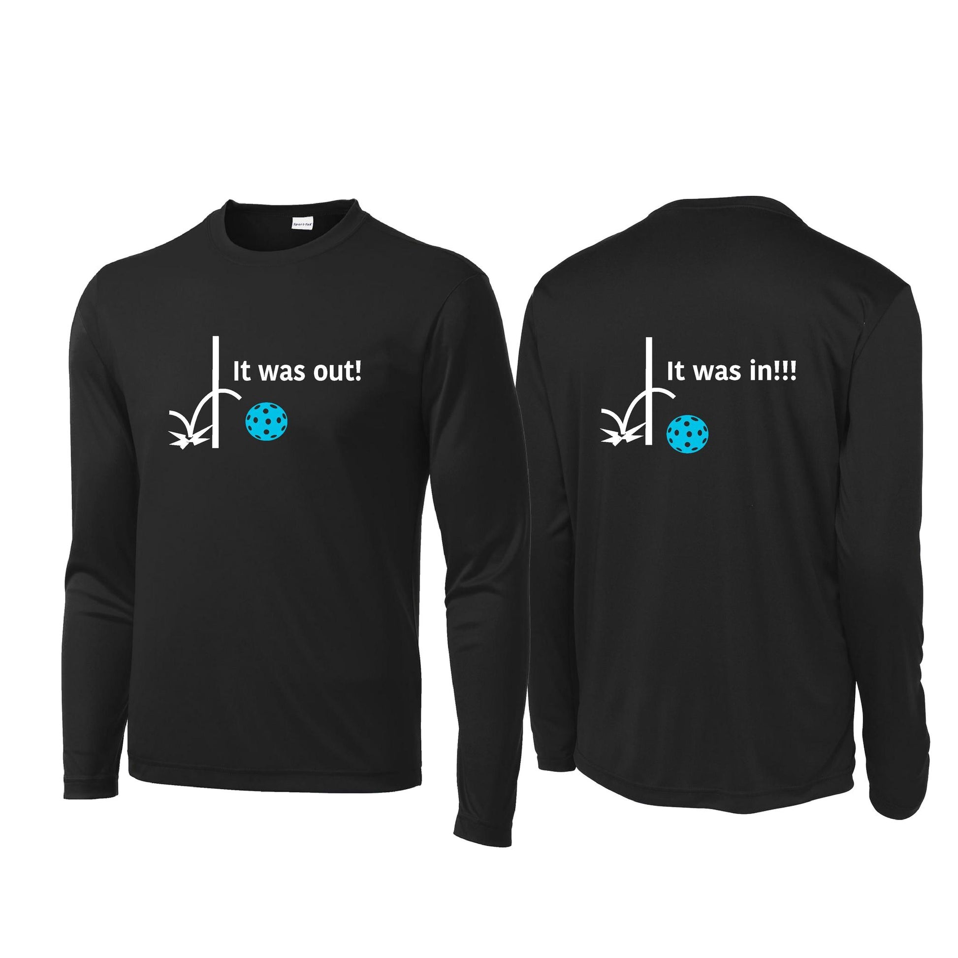 It Was Out! It Was In! (Pickleballs Cyan Green Orange) | Men's Long Sleeve Performance Athletic Performance T-Shirt | 100% Polyester