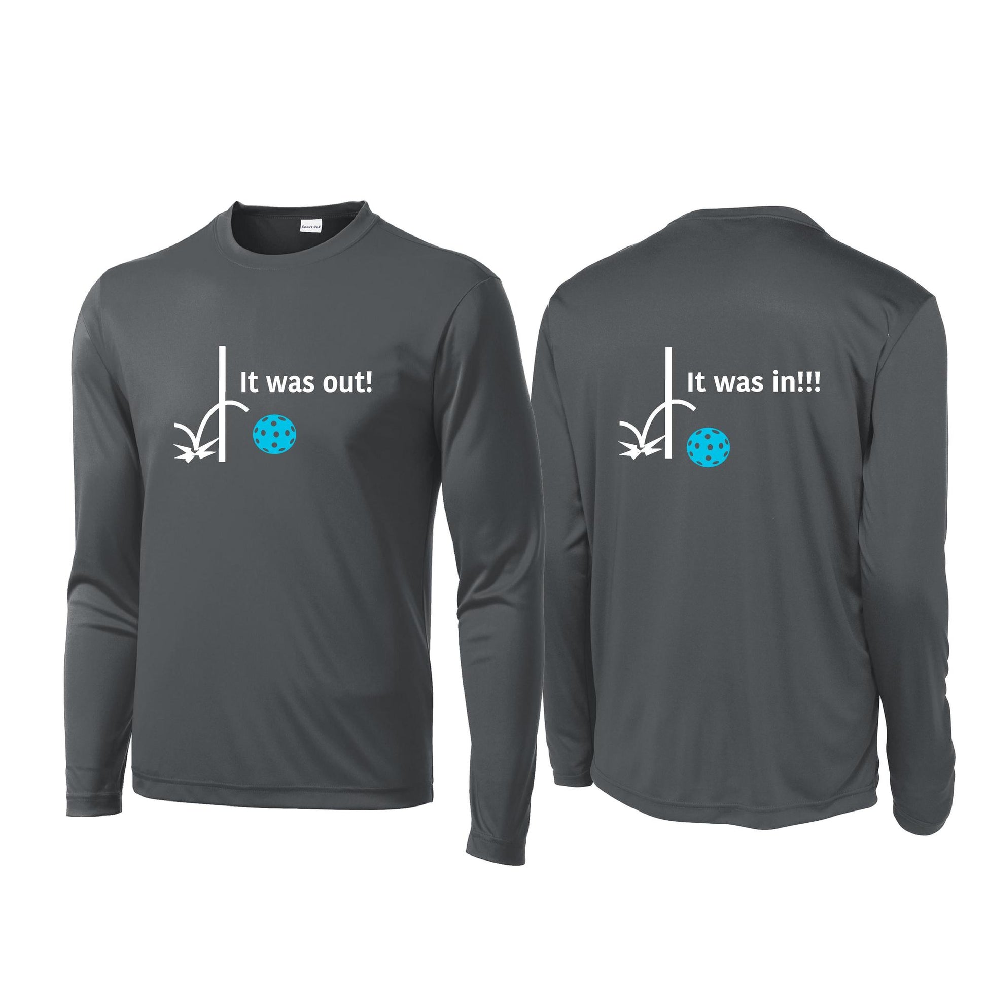 It Was Out! It Was In! (Pickleballs Cyan Green Orange) | Men's Long Sleeve Performance Athletic Performance T-Shirt | 100% Polyester