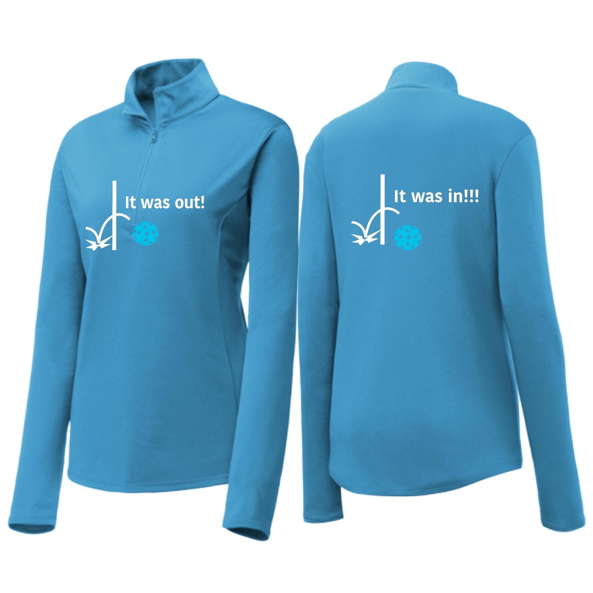 It Was Out! It Was In! (Pickleballs Cyan Green Orange) | Women's 1/4 Zip Pickleball Performance Pullover Shirt | 100% Polyester