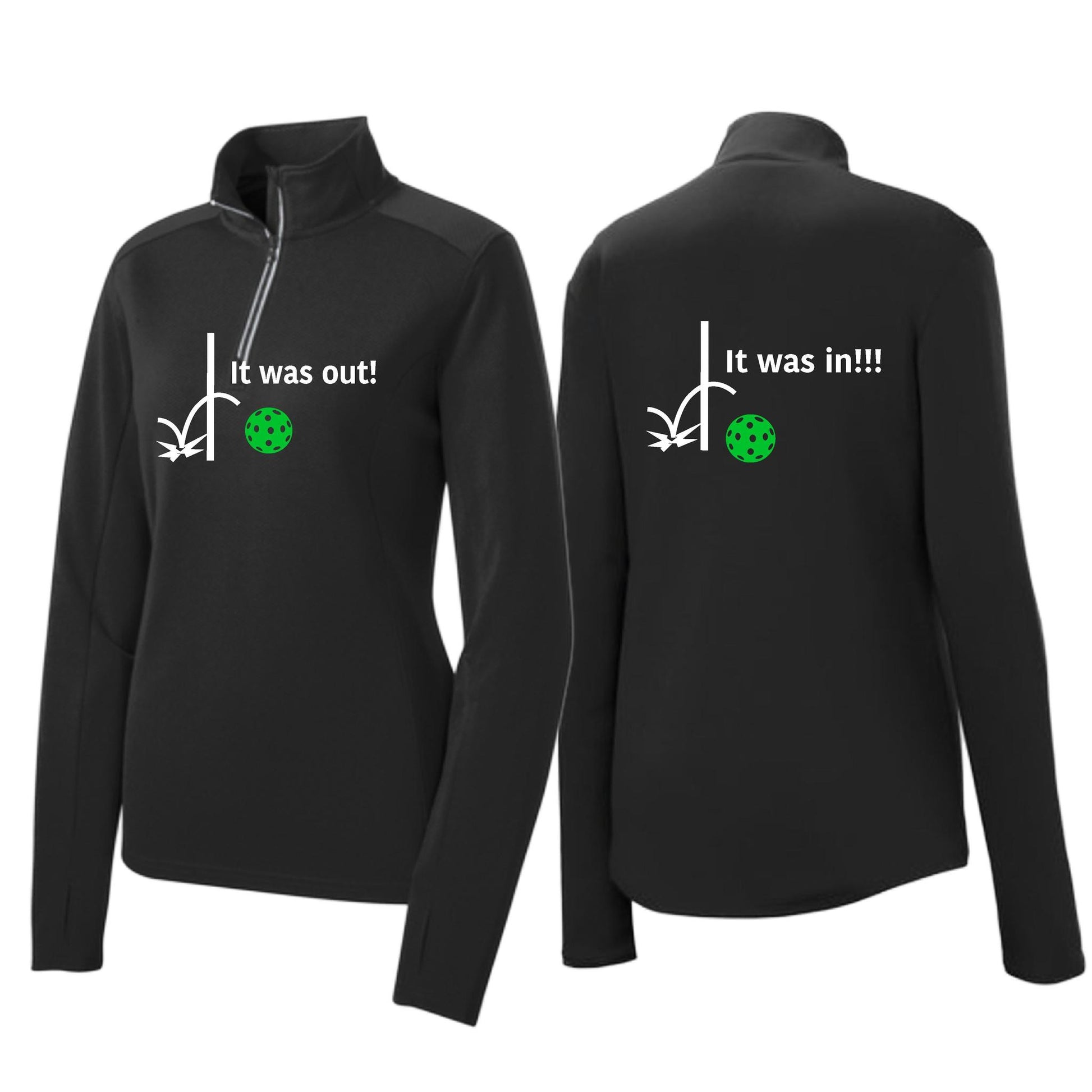 It Was Out! It Was In! (Pickleballs Cyan Green Orange) | Women's 1/4 Zip Pickleball Performance Pullover Shirt | 100% Polyester