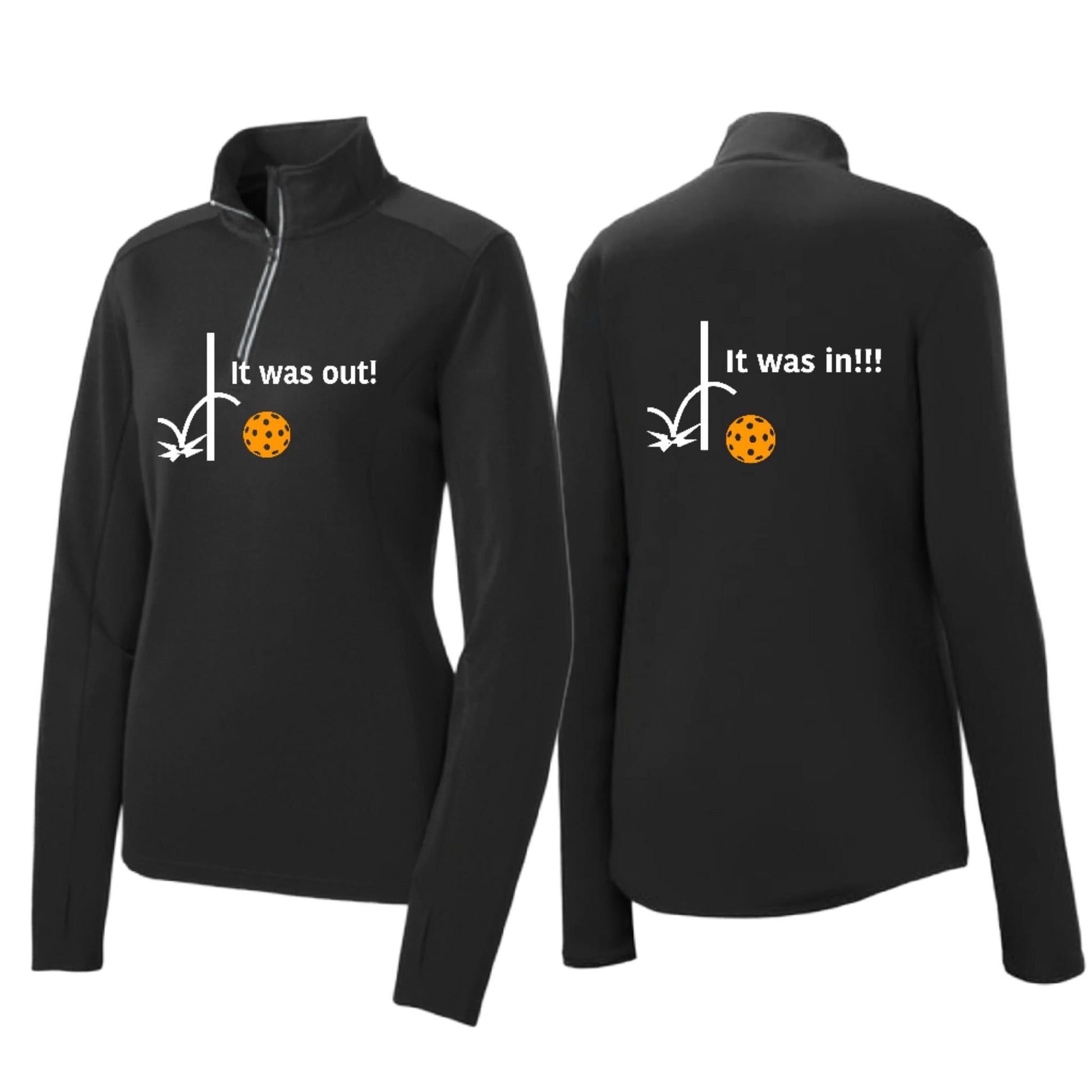 It Was Out! It Was In! (Pickleballs Cyan Green Orange) | Women's 1/4 Zip Pickleball Performance Pullover Shirt | 100% Polyester
