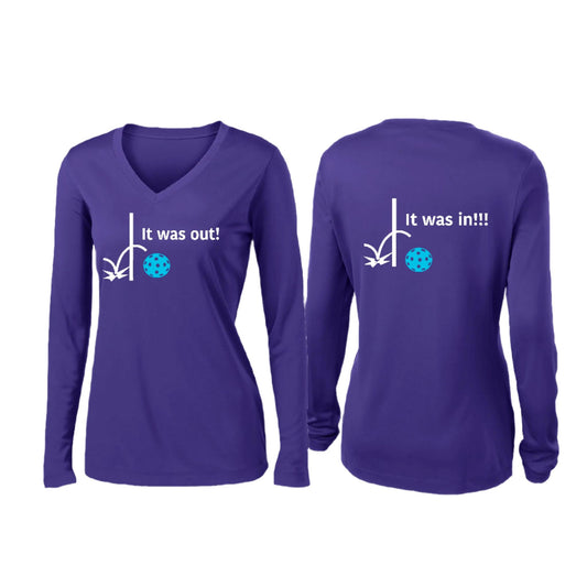 It Was Out! It Was In! (Pickleballs Cyan Green Orange) | Women’s Long Sleeve V-Neck Pickleball Performance T-Shirt | 100% Polyester