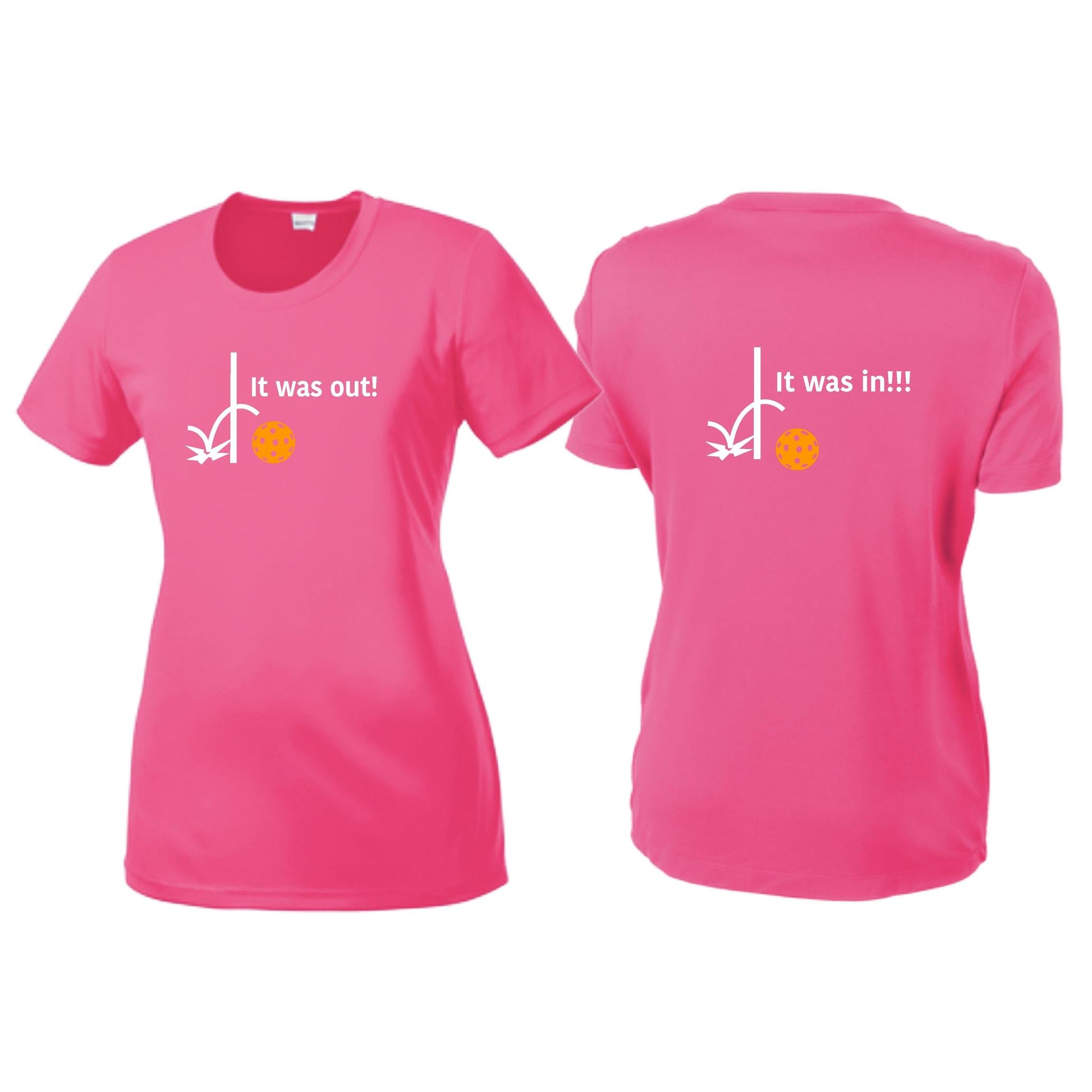 It Was Out! It Was In! (Pickleballs Cyan Green Orange) | Women’s Short Sleeve Crewneck Pickleball T-Shirts | 100% Polyester